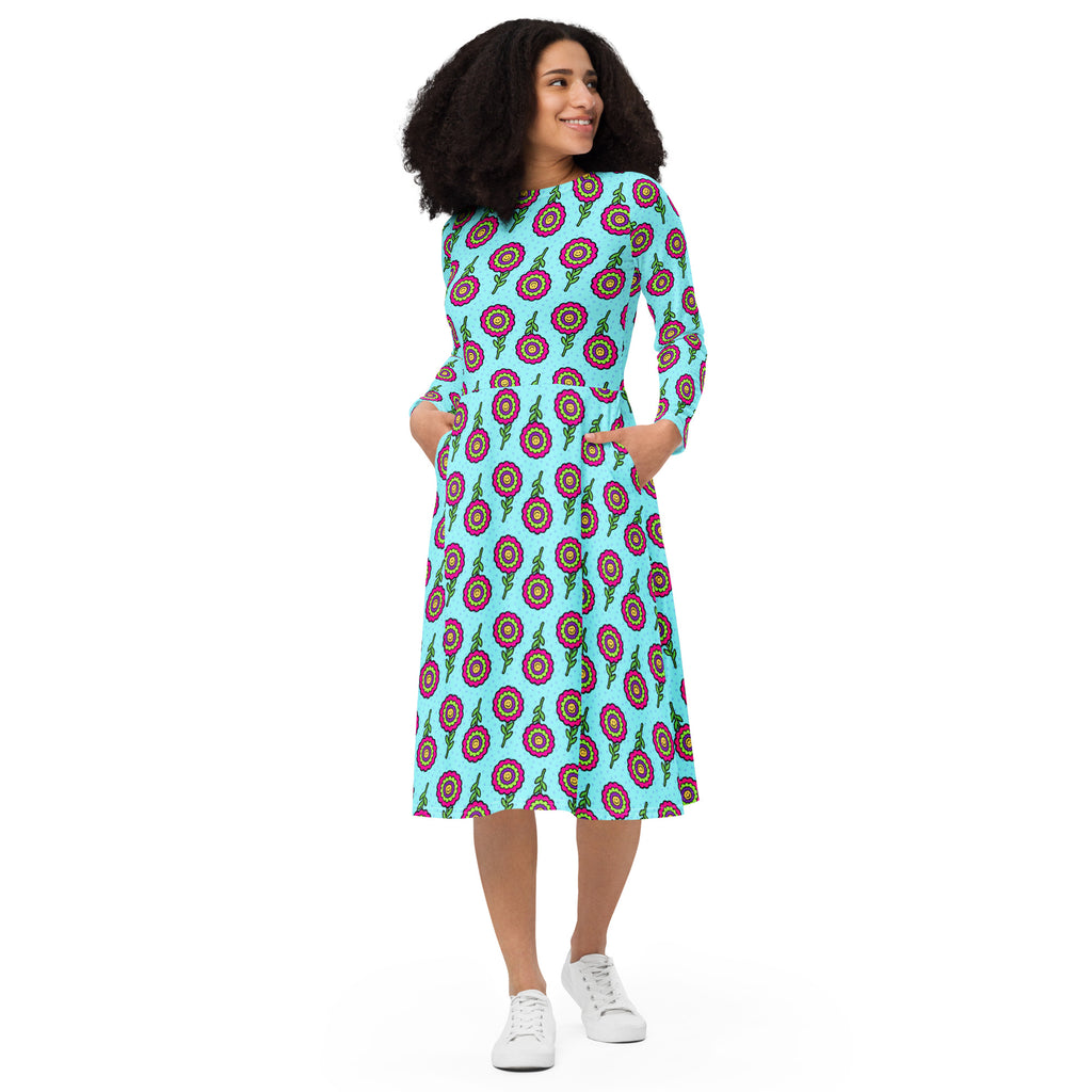 Long Sleeve Pocket Flare Dress - 'Blooming With Joy'
