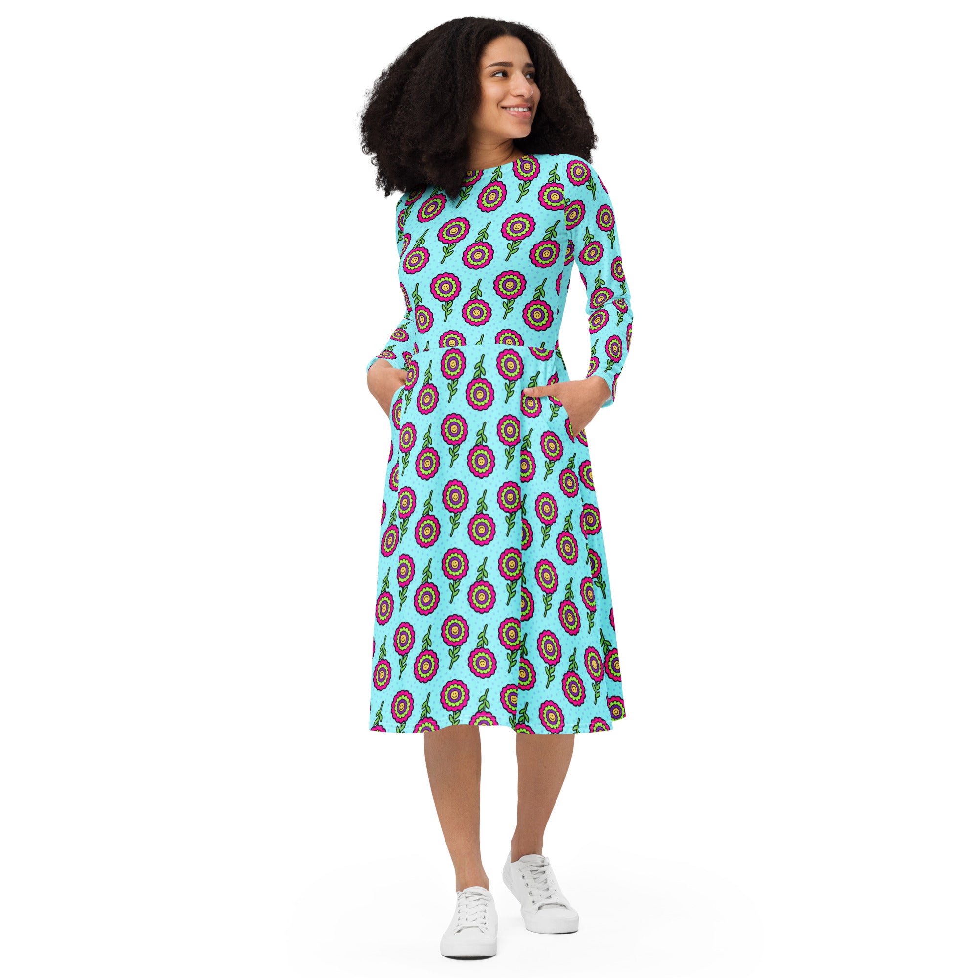 Long Sleeve Pocket Flare Dress - 'Blooming With Joy'