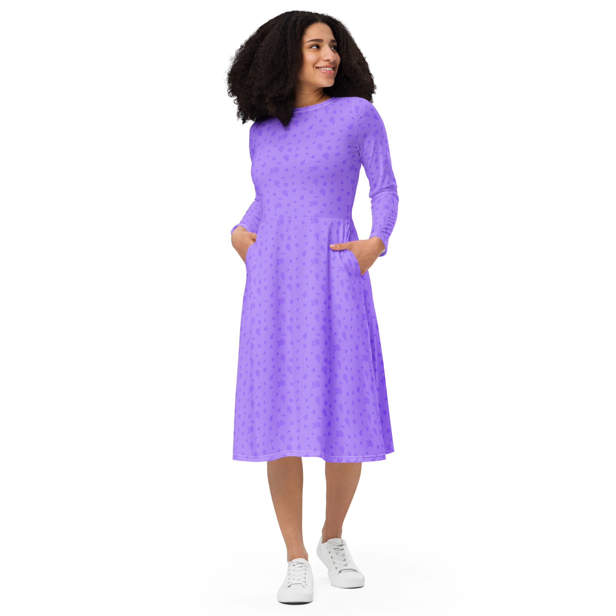 Long Sleeve Pocket Flare Dress - 'Itsy Bitsy Daisy (Lavender)'