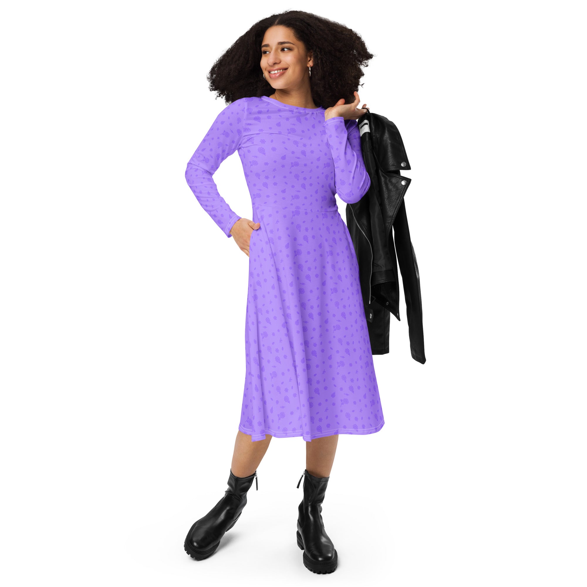 Long Sleeve Pocket Flare Dress - 'Itsy Bitsy Daisy (Lavender)'