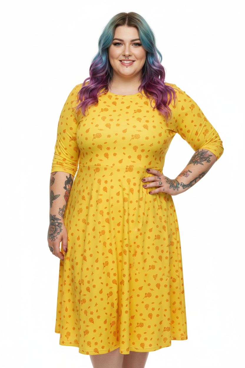 Long Sleeve Pocket Flare Dress - 'Itsy Bitsy Daisy (Marigold)'