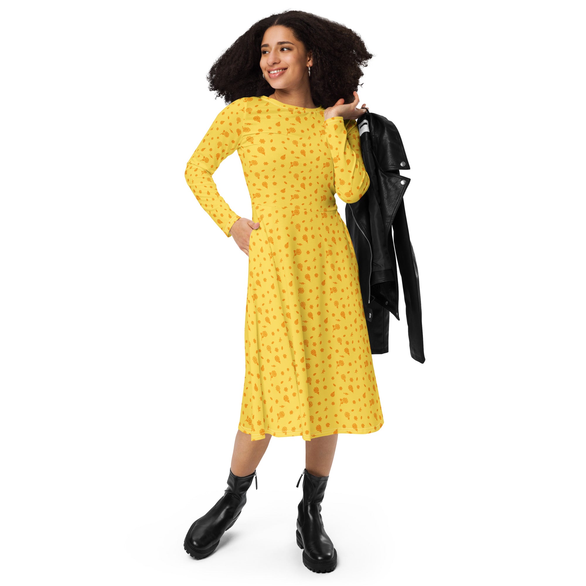 Long Sleeve Pocket Flare Dress - 'Itsy Bitsy Daisy (Marigold)'