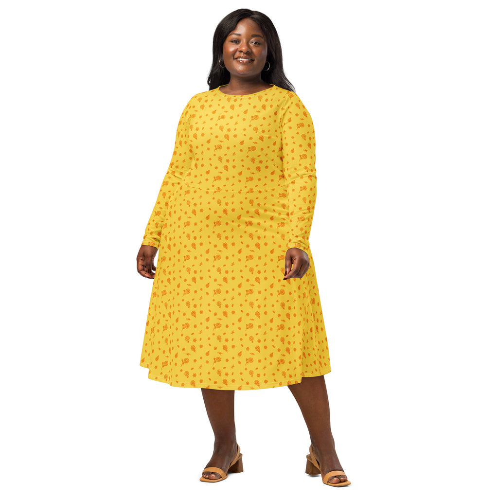 Long Sleeve Pocket Flare Dress - 'Itsy Bitsy Daisy (Marigold)'