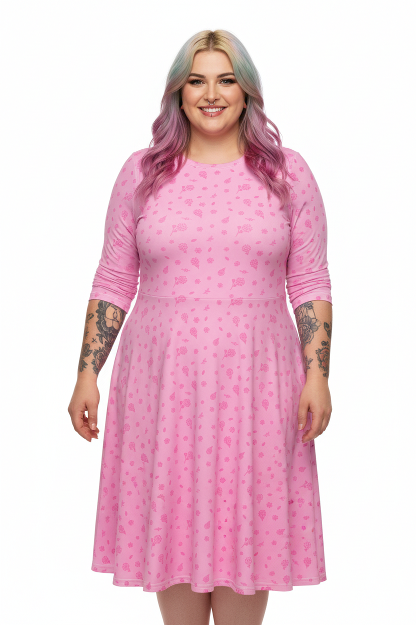 Long Sleeve Pocket Flare Dress - 'Itsy Bitsy Daisy (Rose)'