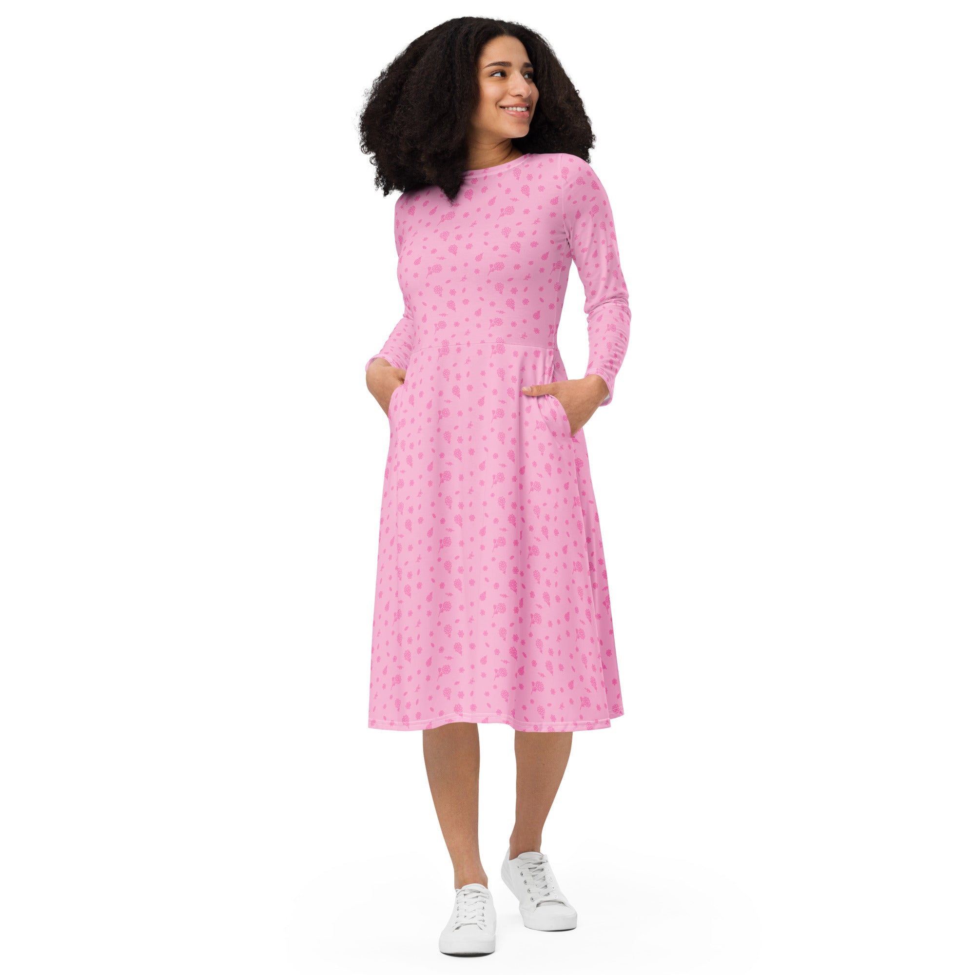 Long Sleeve Pocket Flare Dress - 'Itsy Bitsy Daisy (Rose)'