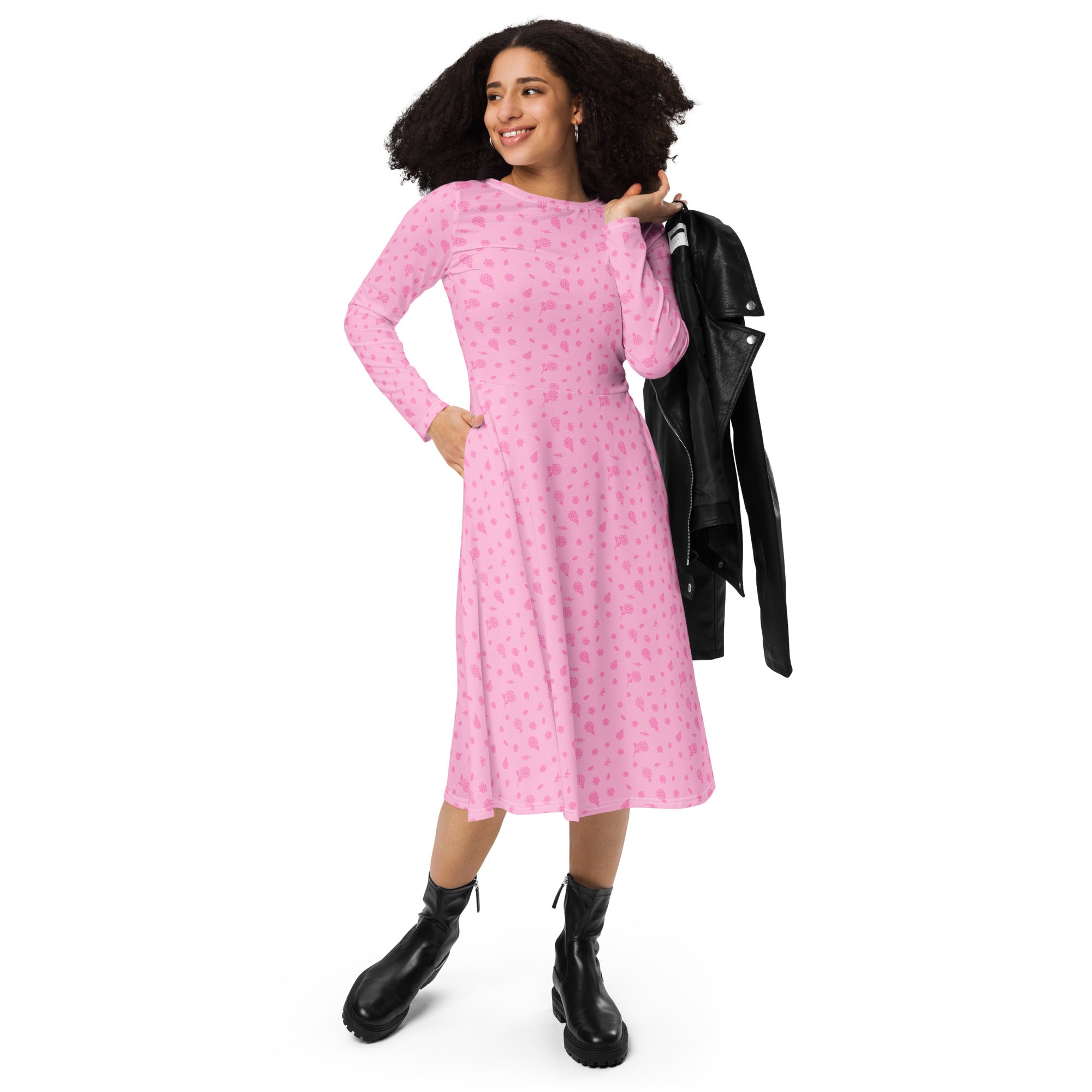 Long Sleeve Pocket Flare Dress - 'Itsy Bitsy Daisy (Rose)'