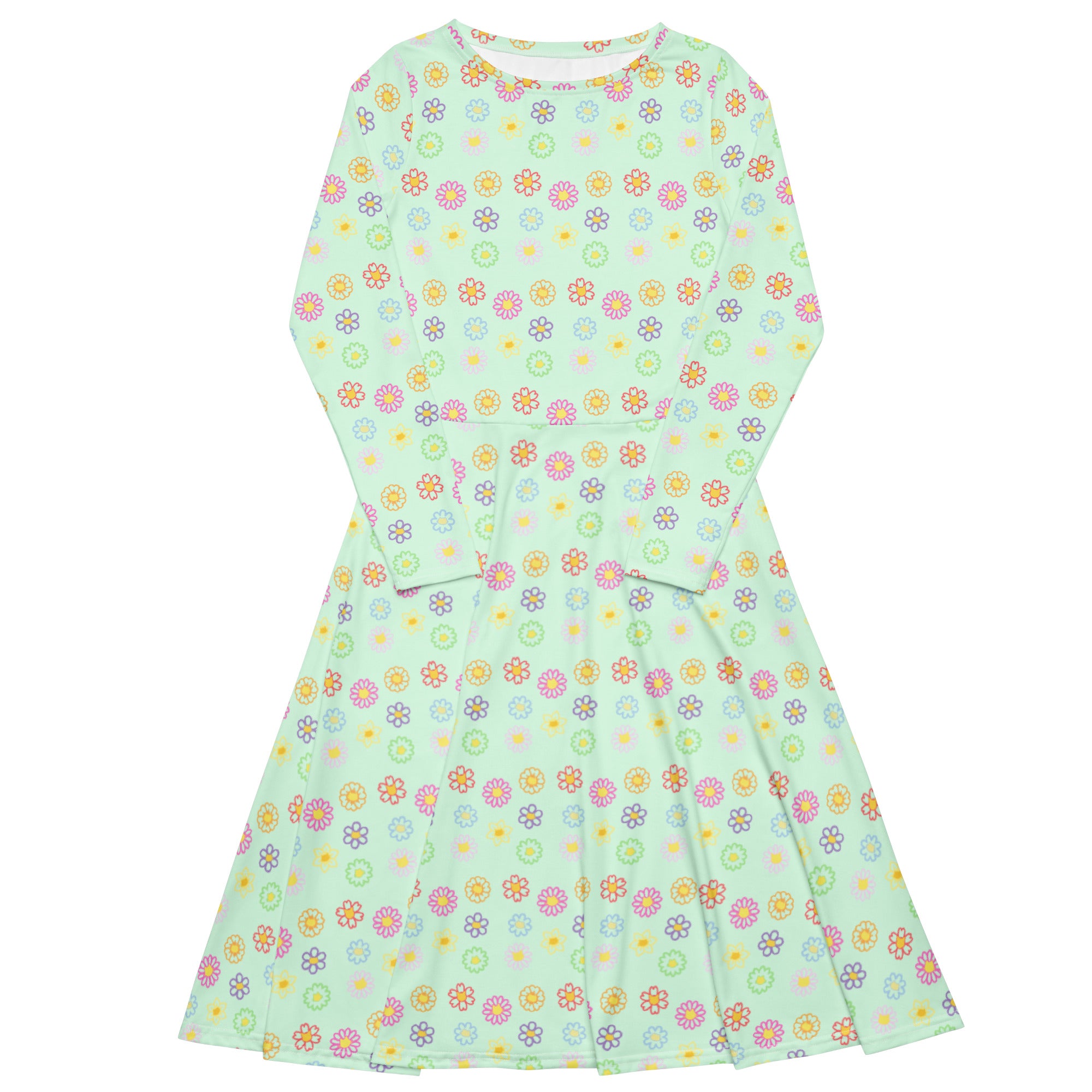 Long Sleeve Pocket Flare Dress - 'Feline Flowers' 6XL