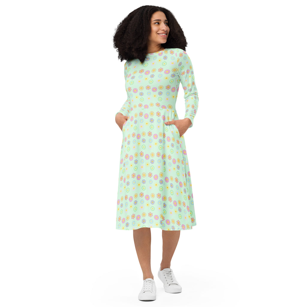 Long Sleeve Pocket Flare Dress - 'Feline Flowers'