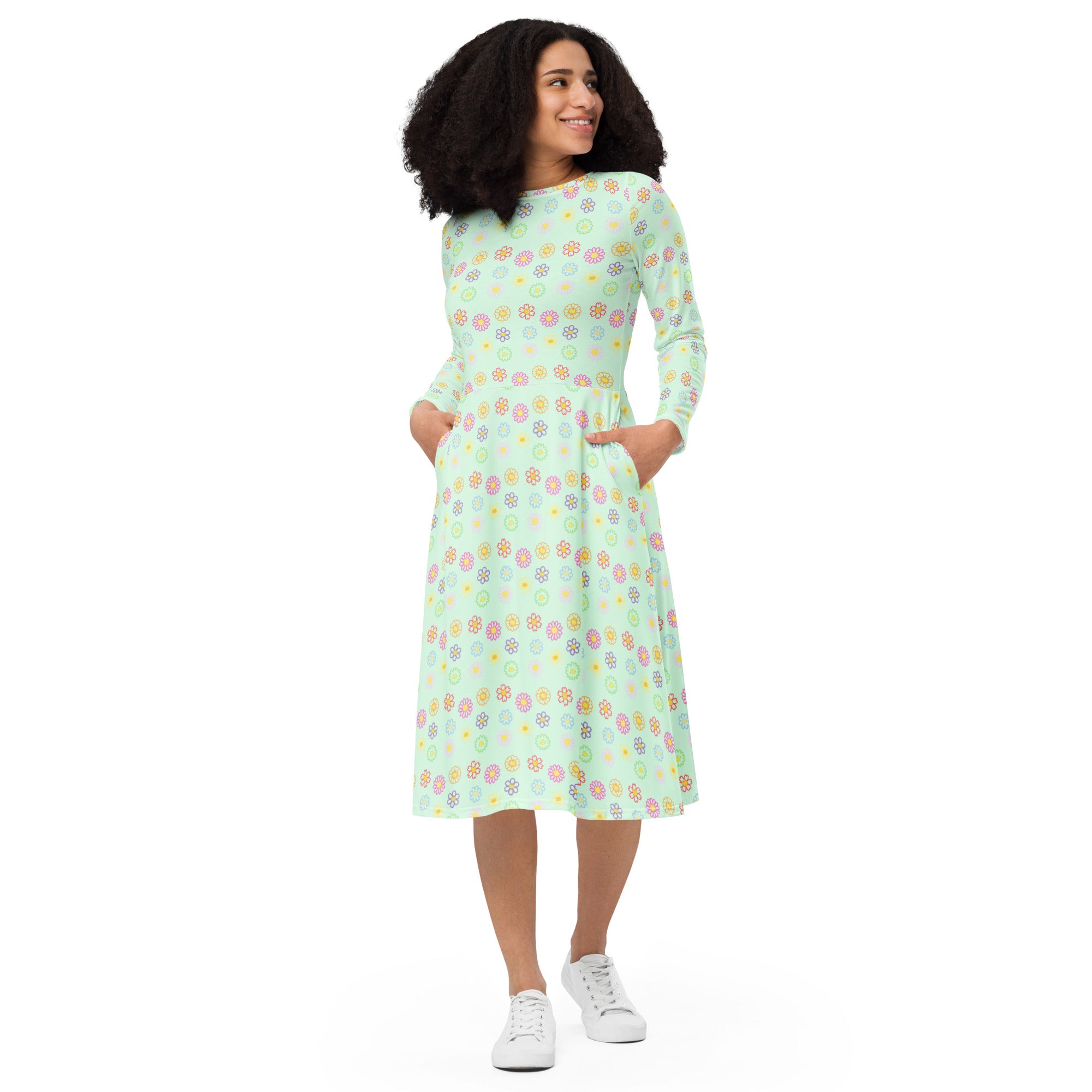 Long Sleeve Pocket Flare Dress - 'Feline Flowers'