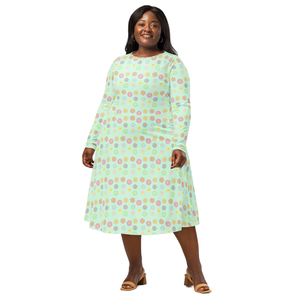 Long Sleeve Pocket Flare Dress - 'Feline Flowers'