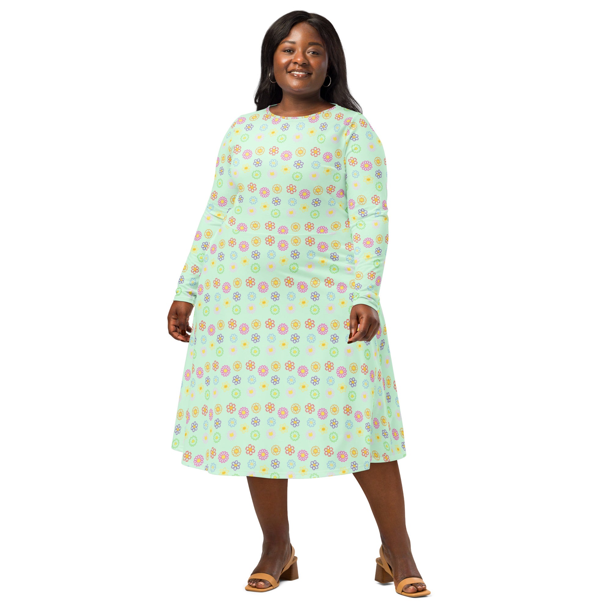 Long Sleeve Pocket Flare Dress - 'Feline Flowers'