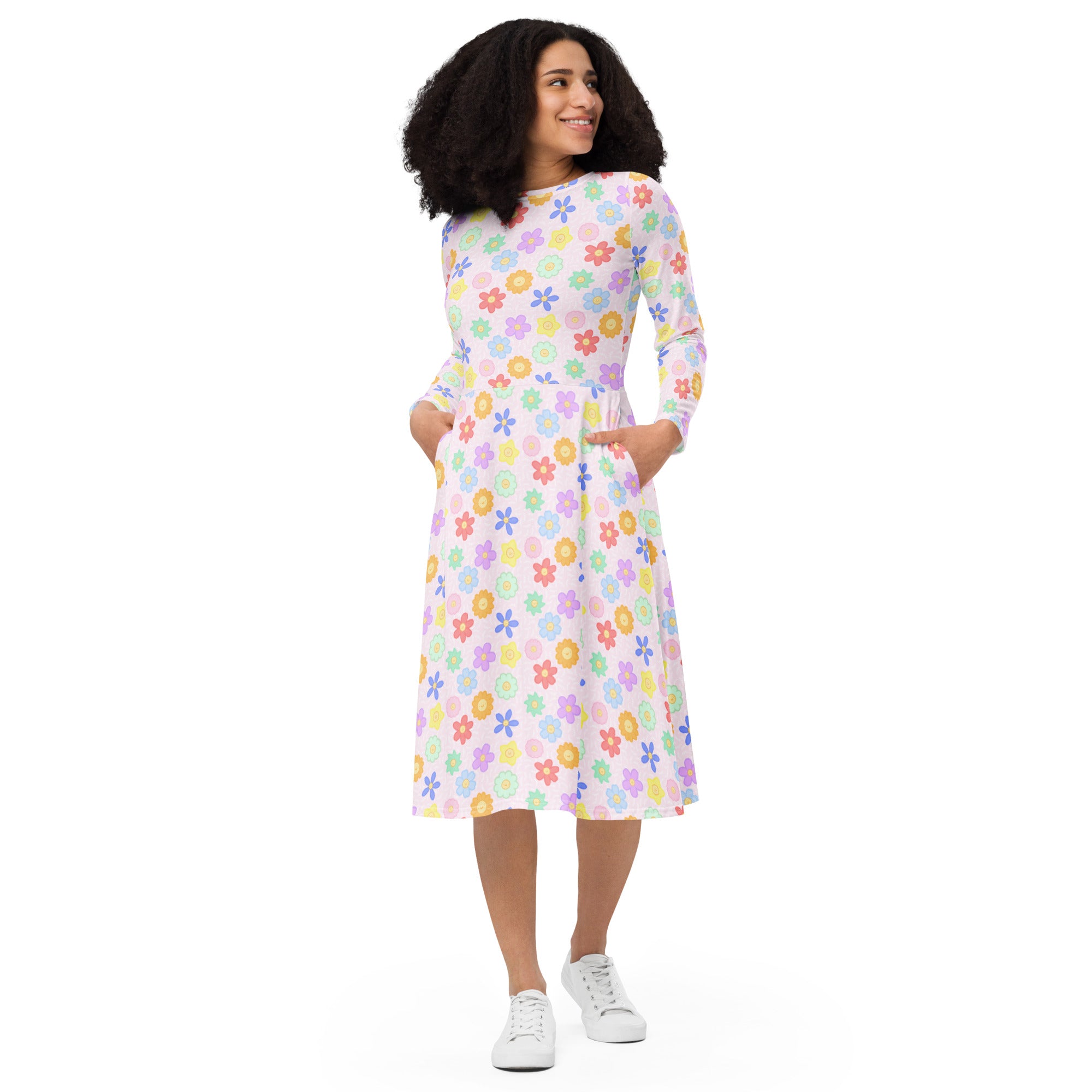 Long Sleeve Pocket Flare Dress - 'Positive Petals'