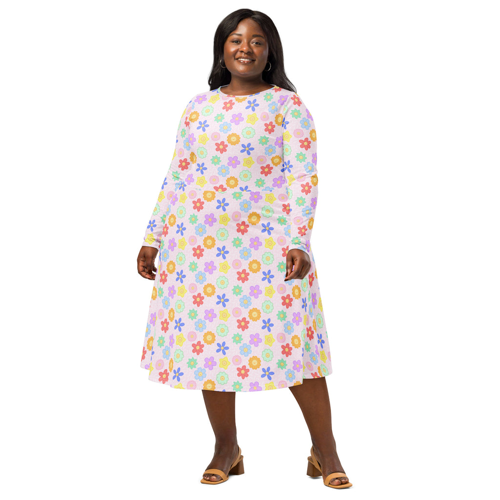 Long Sleeve Pocket Flare Dress - 'Positive Petals'