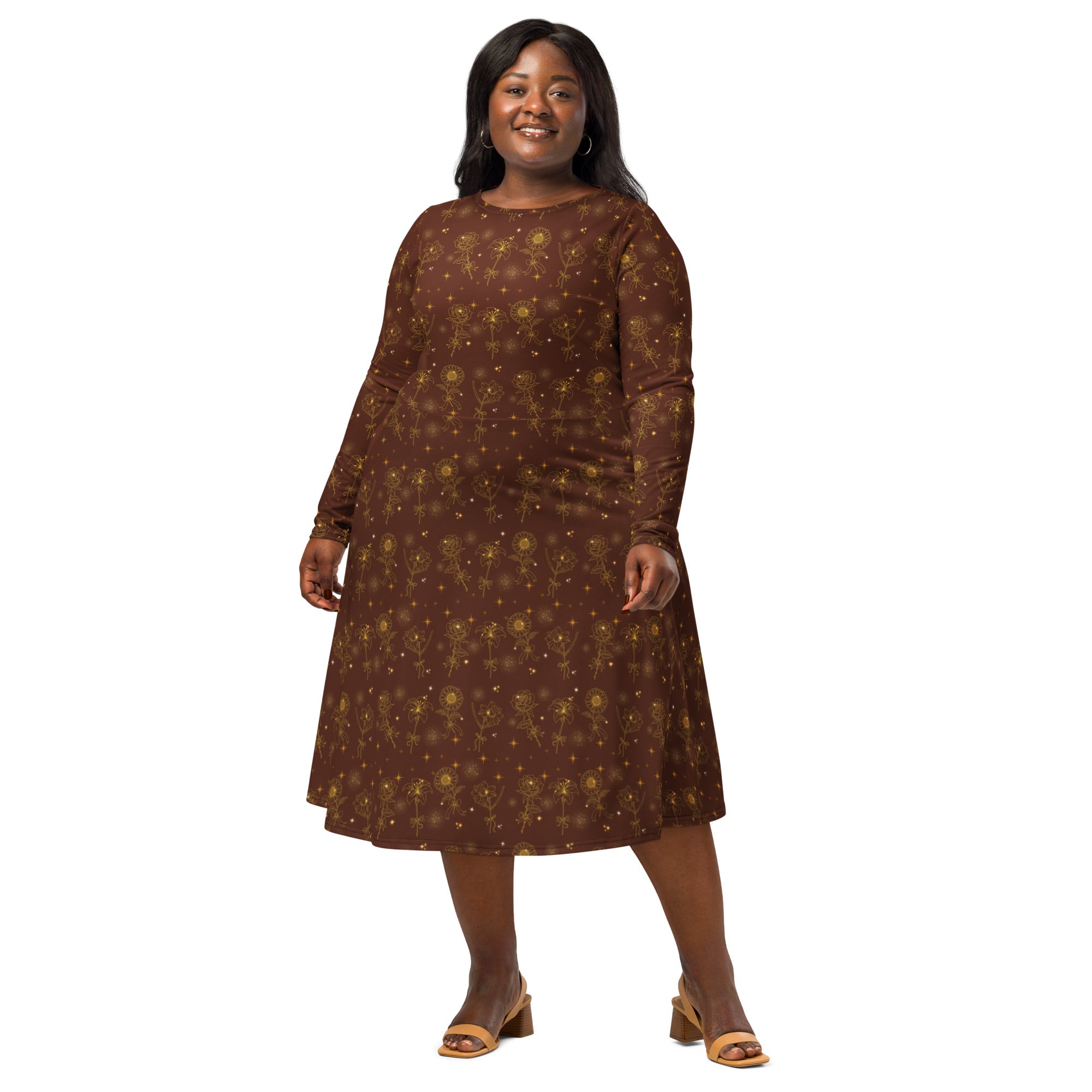 Long Sleeve Pocket Flare Dress - 'Golden Flower'