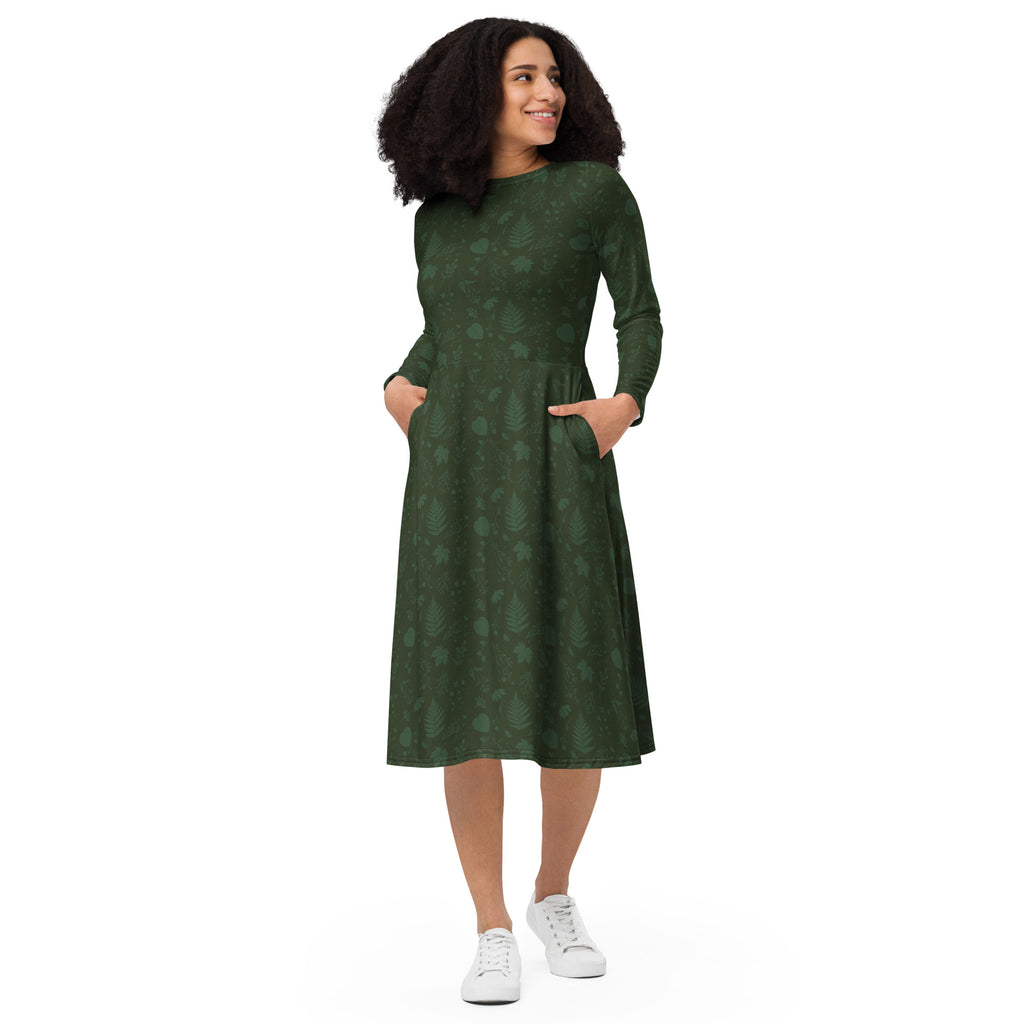 Long Sleeve Pocket Flare Dress - 'Dark Forest'