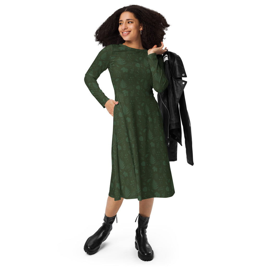 Long Sleeve Pocket Flare Dress - 'Dark Forest'
