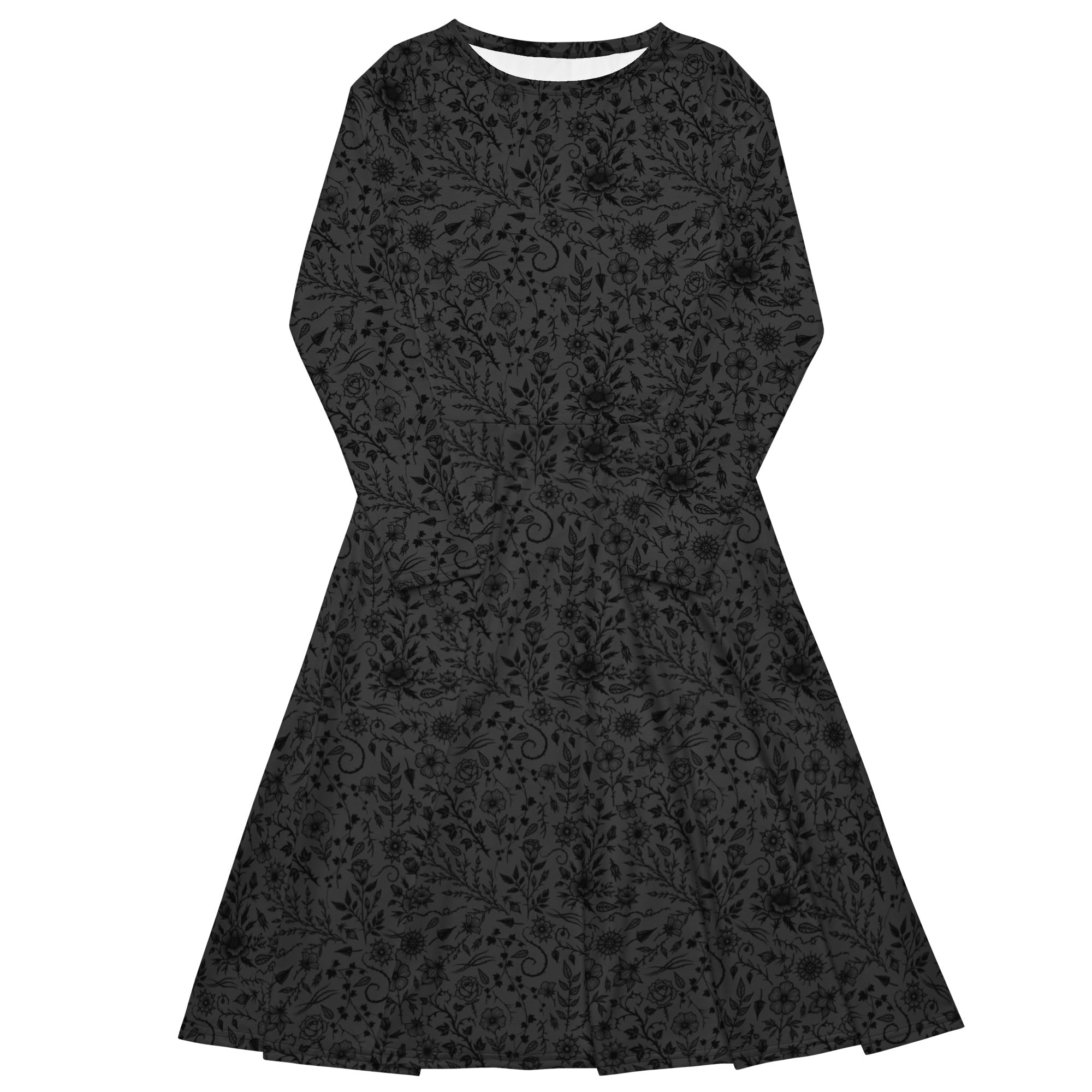 Long Sleeve Pocket Flare Dress - 'Gothic Garden (Black Version)' 6XL