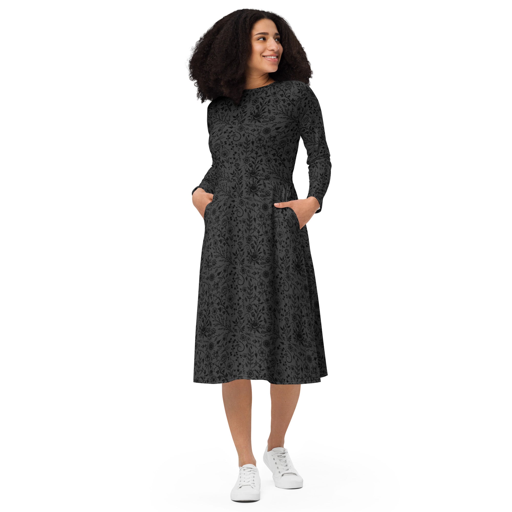 Long Sleeve Pocket Flare Dress - 'Gothic Garden (Black Version)'
