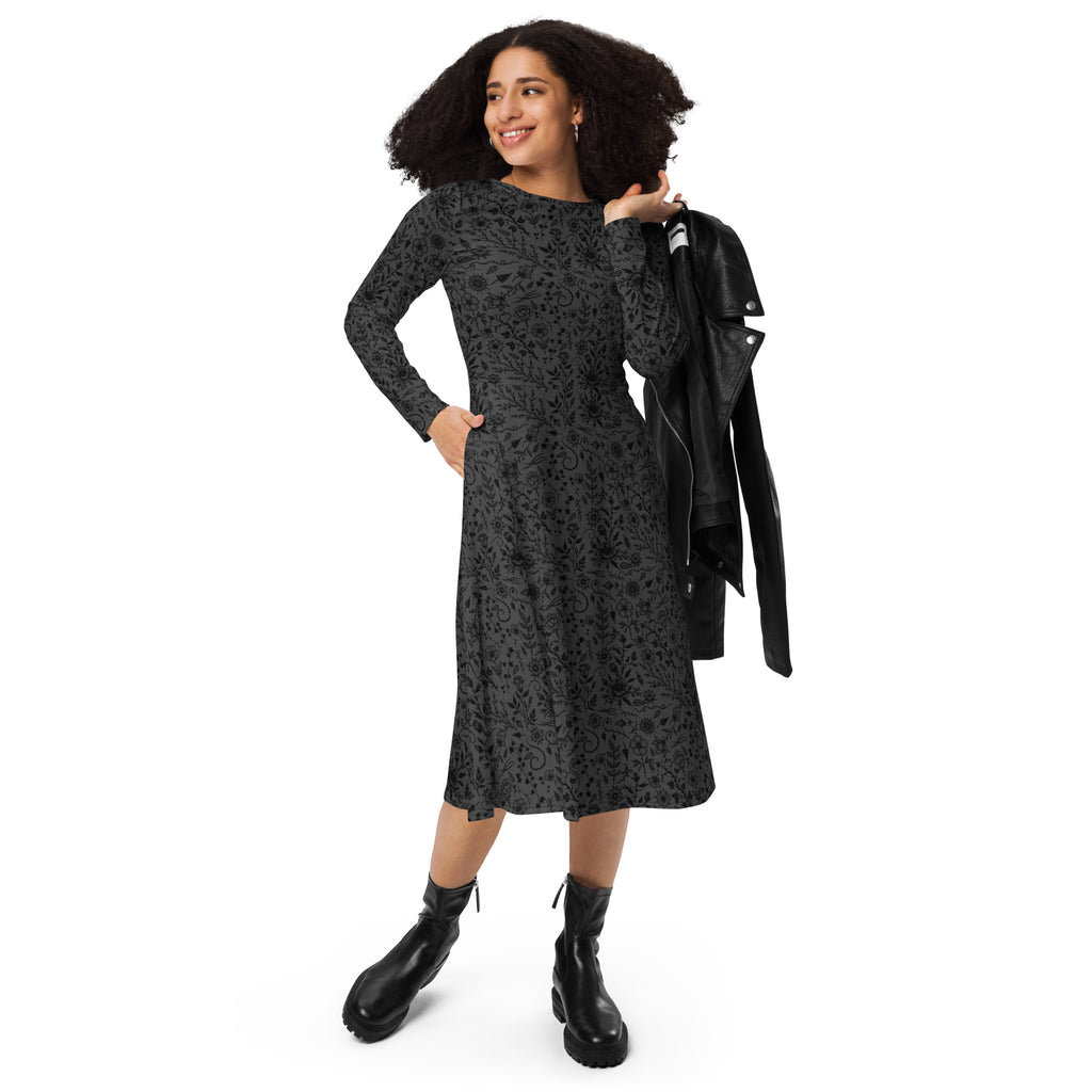 Long Sleeve Pocket Flare Dress - 'Gothic Garden (Black Version)'