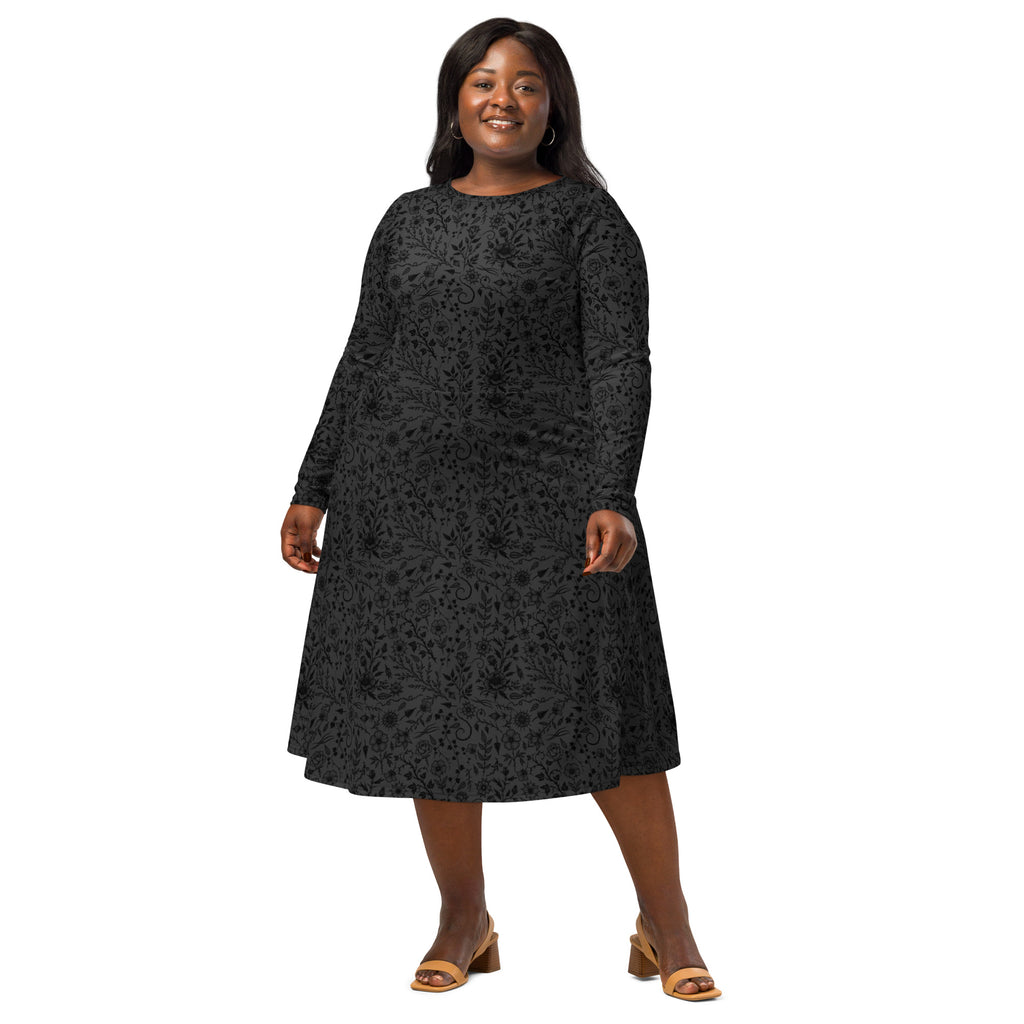 Long Sleeve Pocket Flare Dress - 'Gothic Garden (Black Version)'