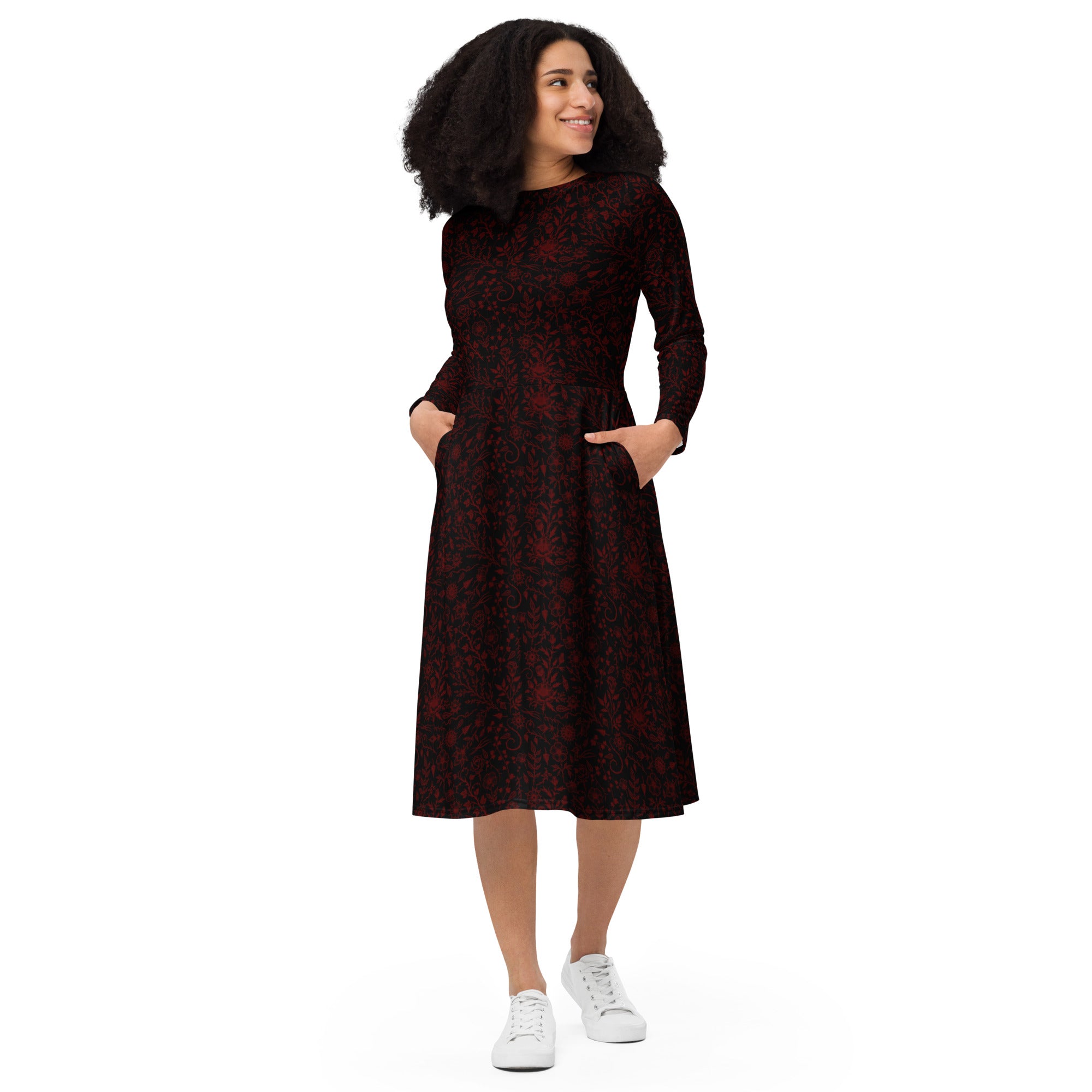 Long Sleeve Pocket Flare Dress - 'Gothic Garden (Red Version)'