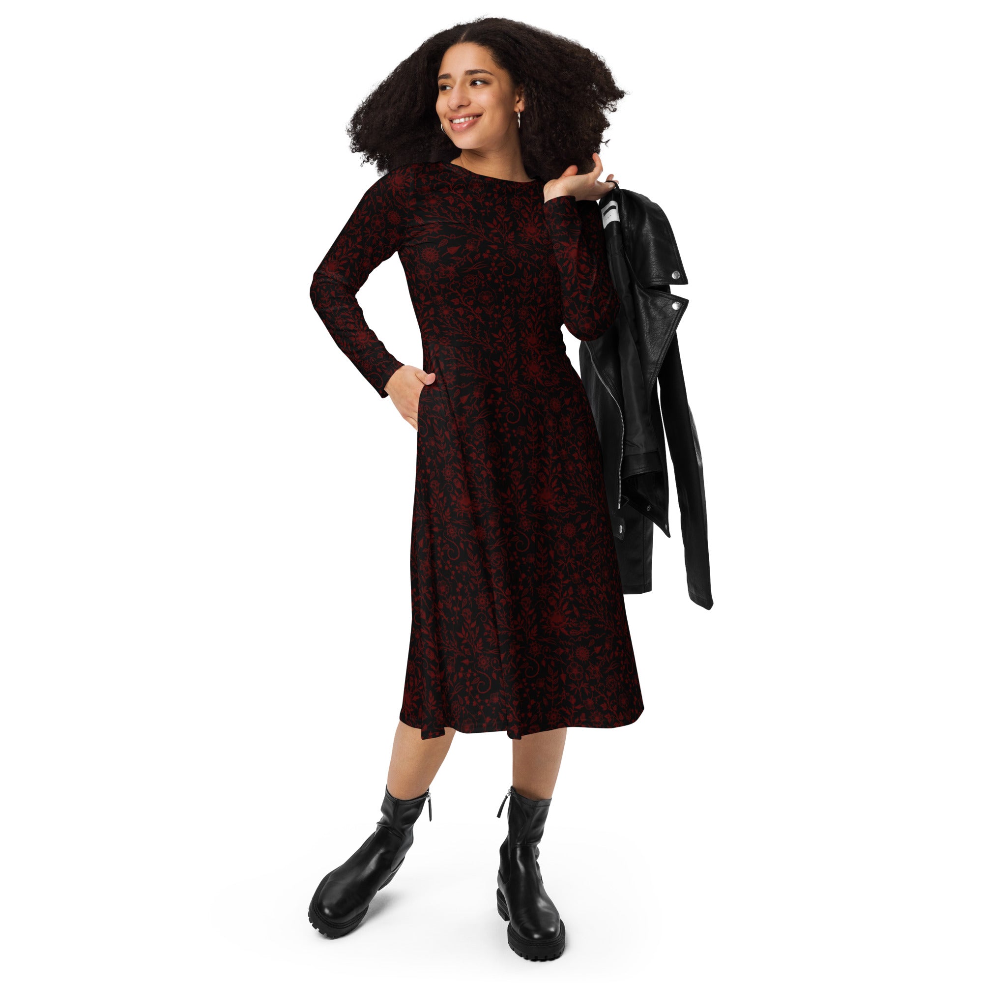 Long Sleeve Pocket Flare Dress - 'Gothic Garden (Red Version)'