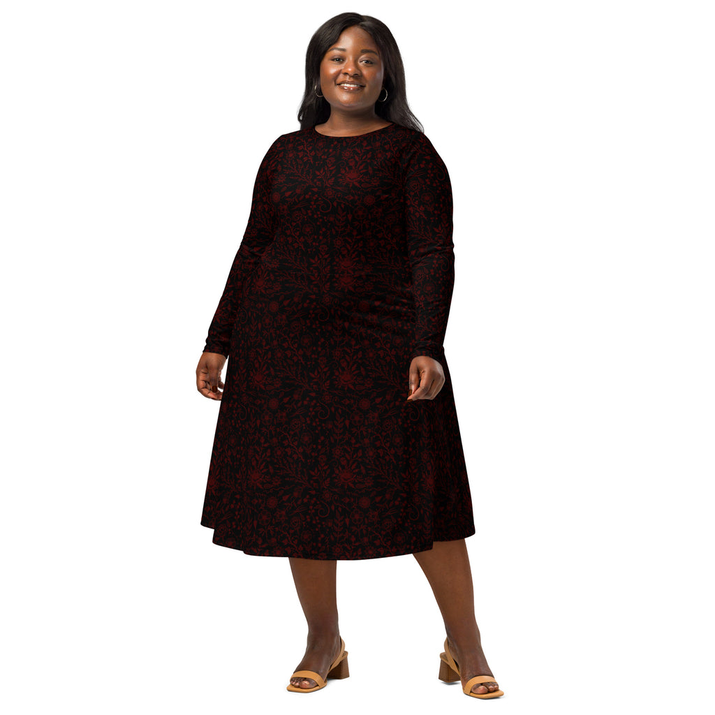Long Sleeve Pocket Flare Dress - 'Gothic Garden (Red Version)'
