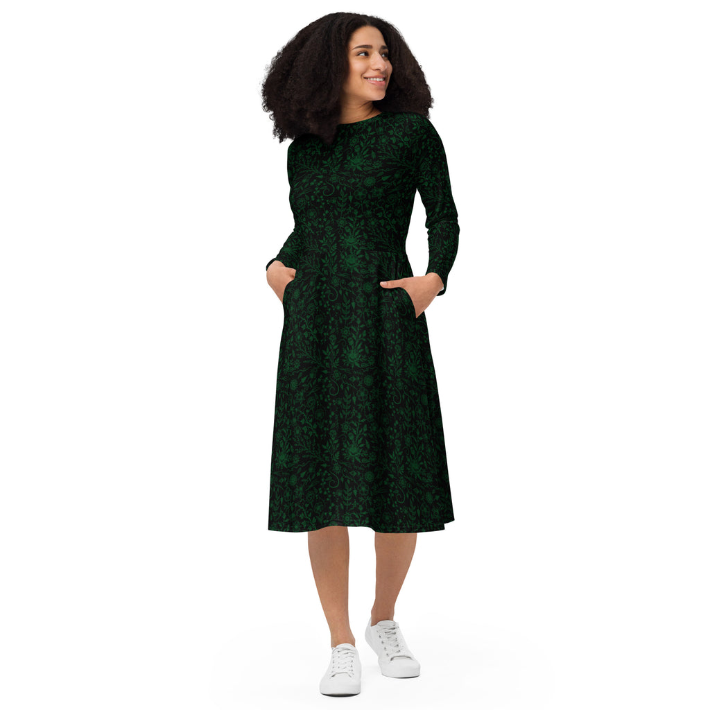 Long Sleeve Pocket Flare Dress - 'Gothic Garden (Green Version)'