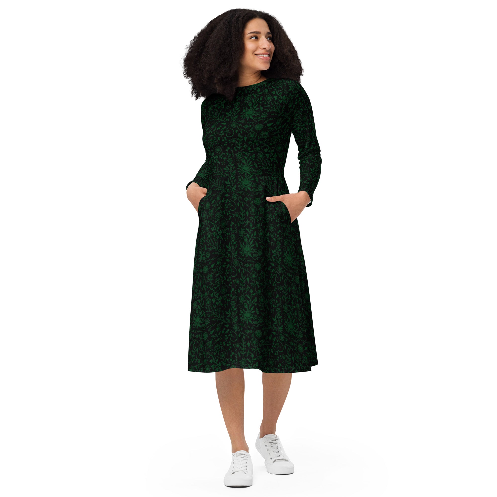 Long Sleeve Pocket Flare Dress - 'Gothic Garden (Green Version)'