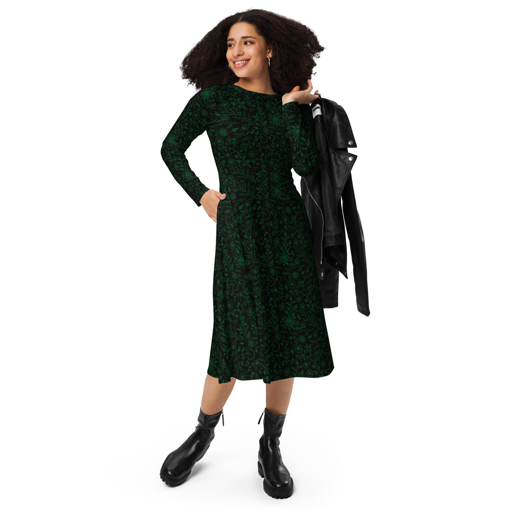 Long Sleeve Pocket Flare Dress - 'Gothic Garden (Green Version)'