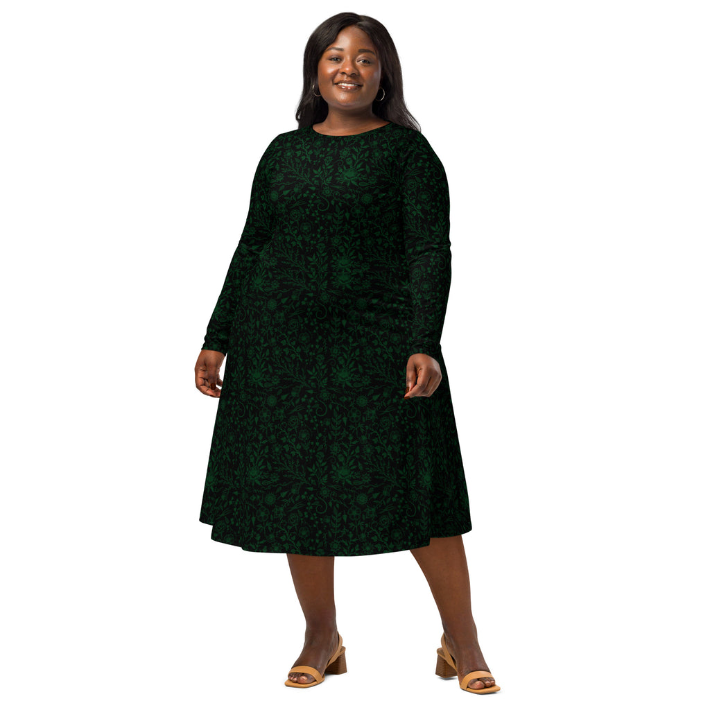 Long Sleeve Pocket Flare Dress - 'Gothic Garden (Green Version)'