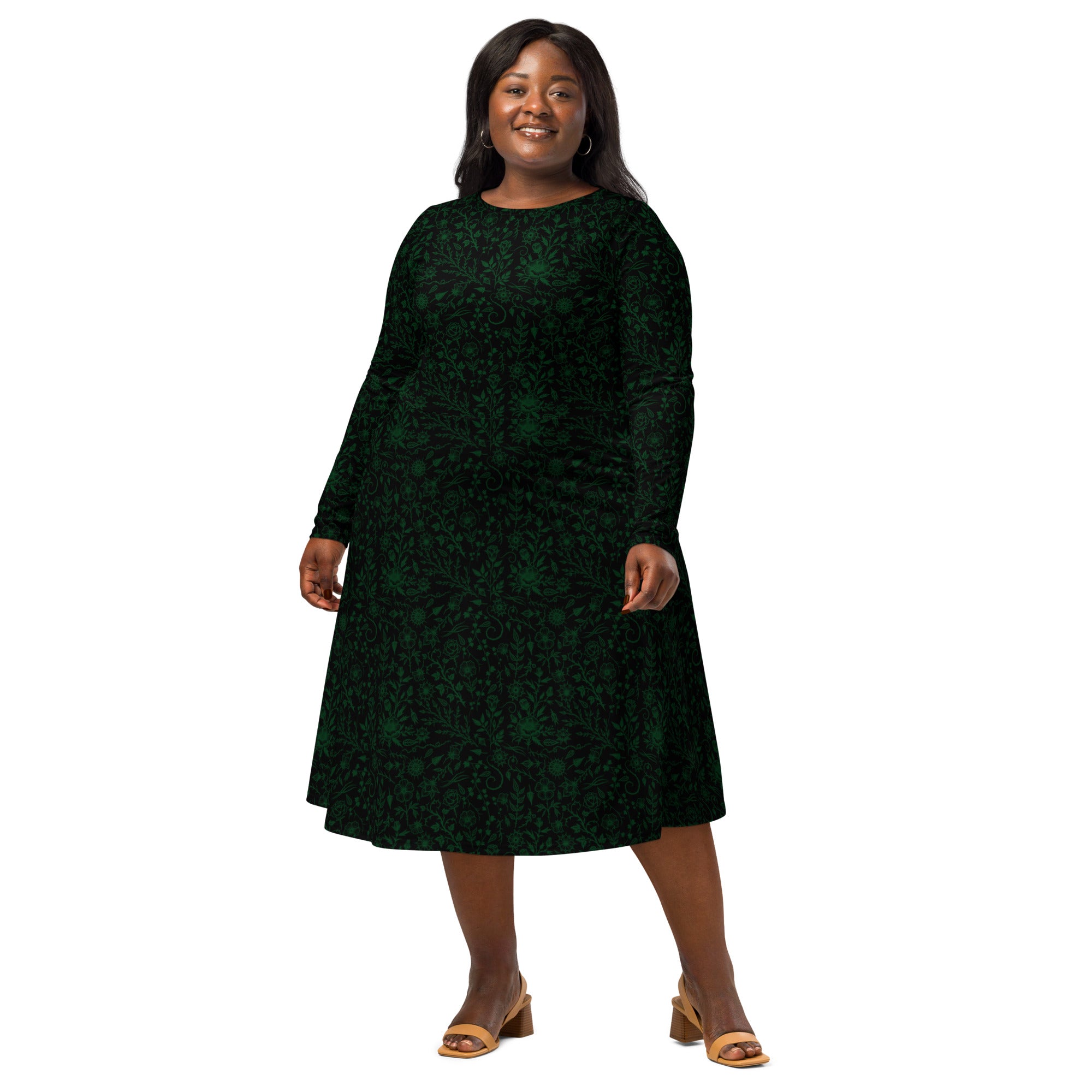 Long Sleeve Pocket Flare Dress - 'Gothic Garden (Green Version)'