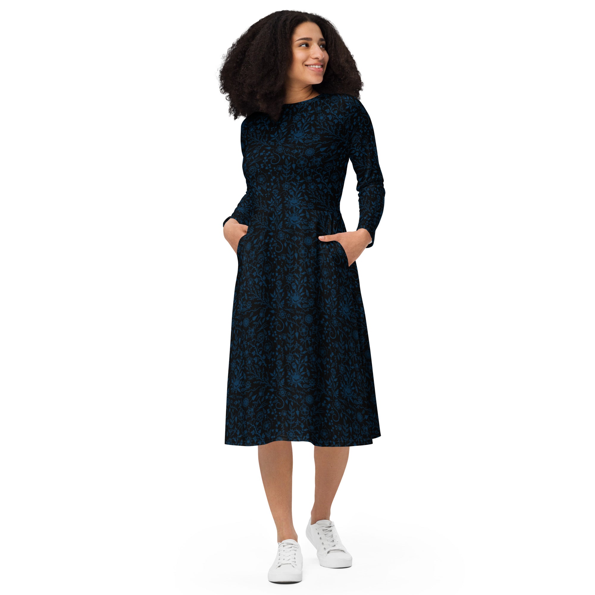 Long Sleeve Pocket Flare Dress - 'Gothic Garden (Blue Version)'