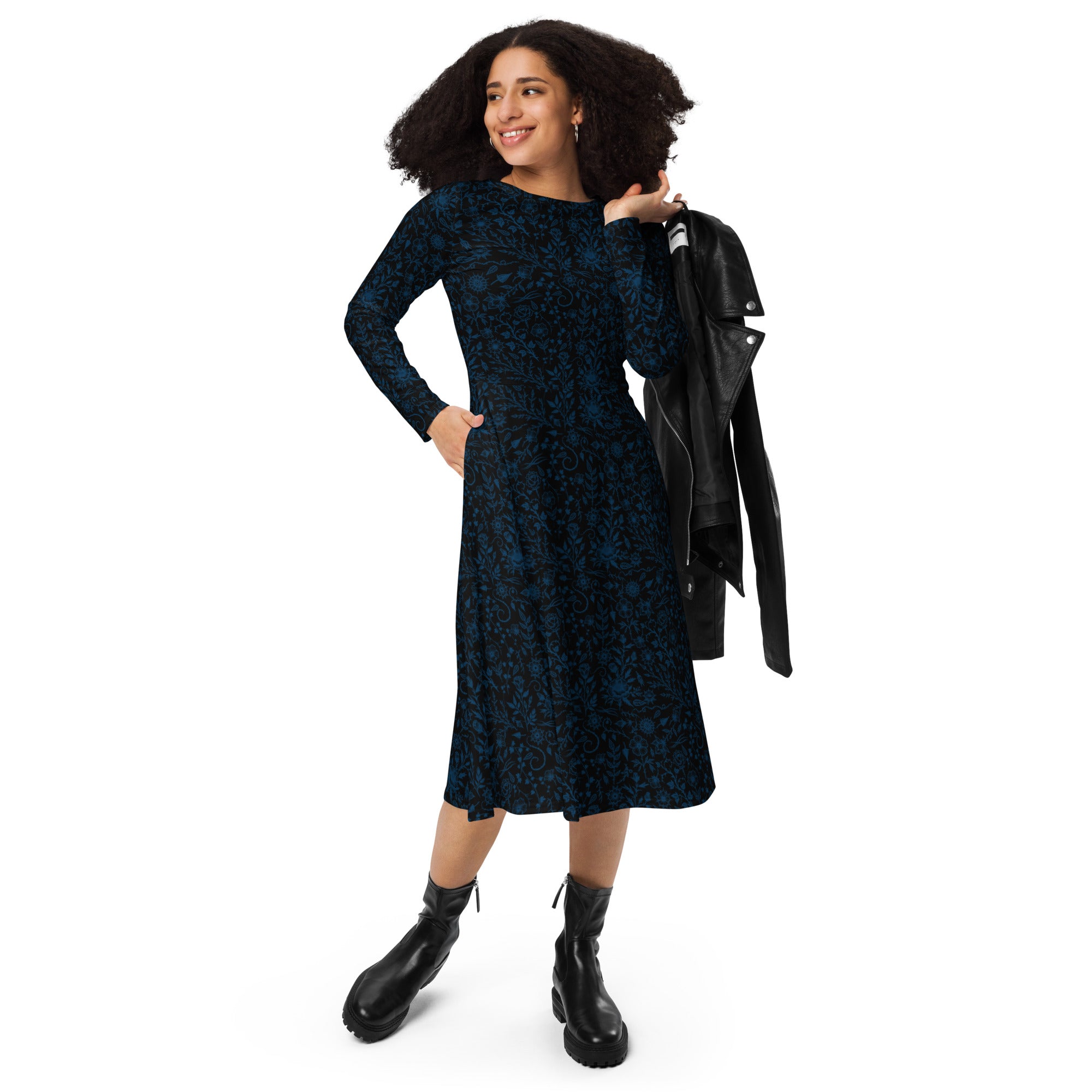 Long Sleeve Pocket Flare Dress - 'Gothic Garden (Blue Version)'