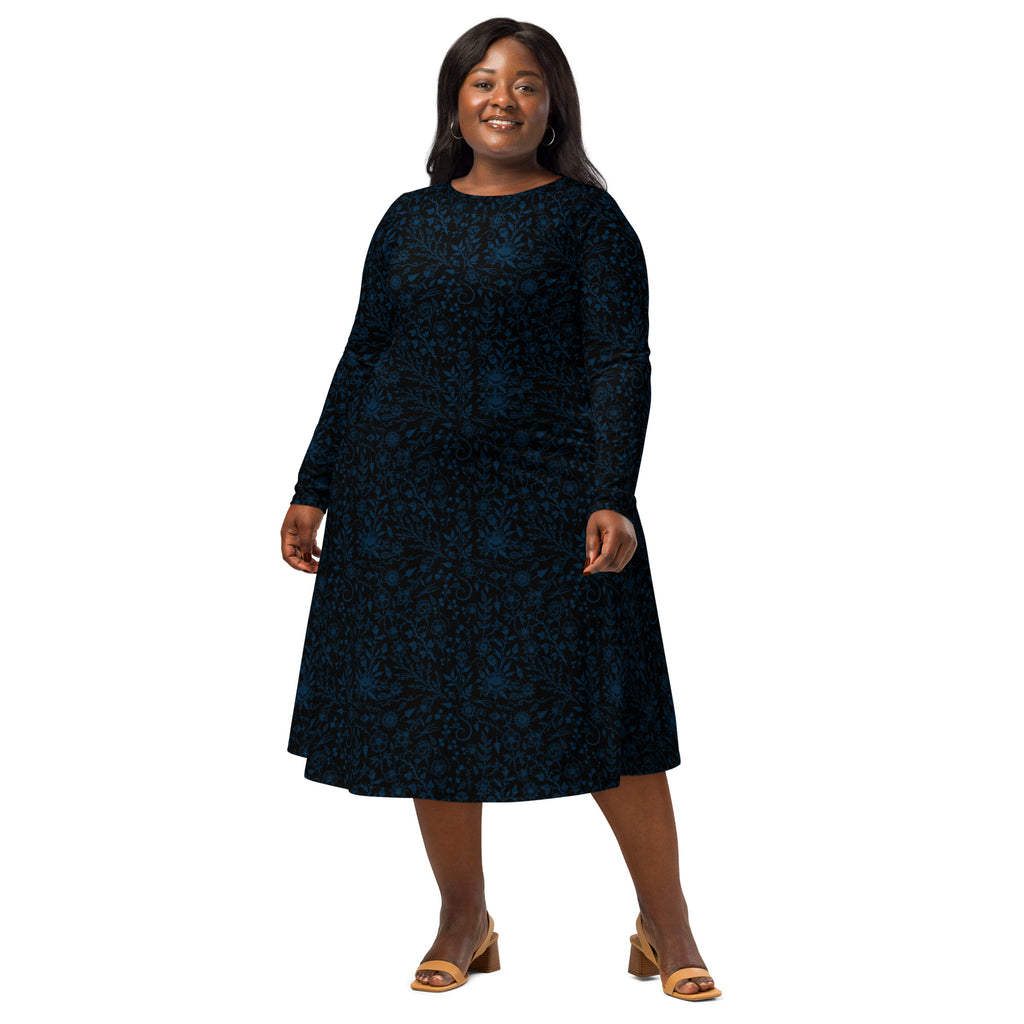 Long Sleeve Pocket Flare Dress - 'Gothic Garden (Blue Version)'