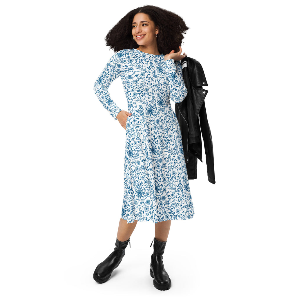 Long Sleeve Pocket Flare Dress - 'Gothic Garden (Bone China Version)'