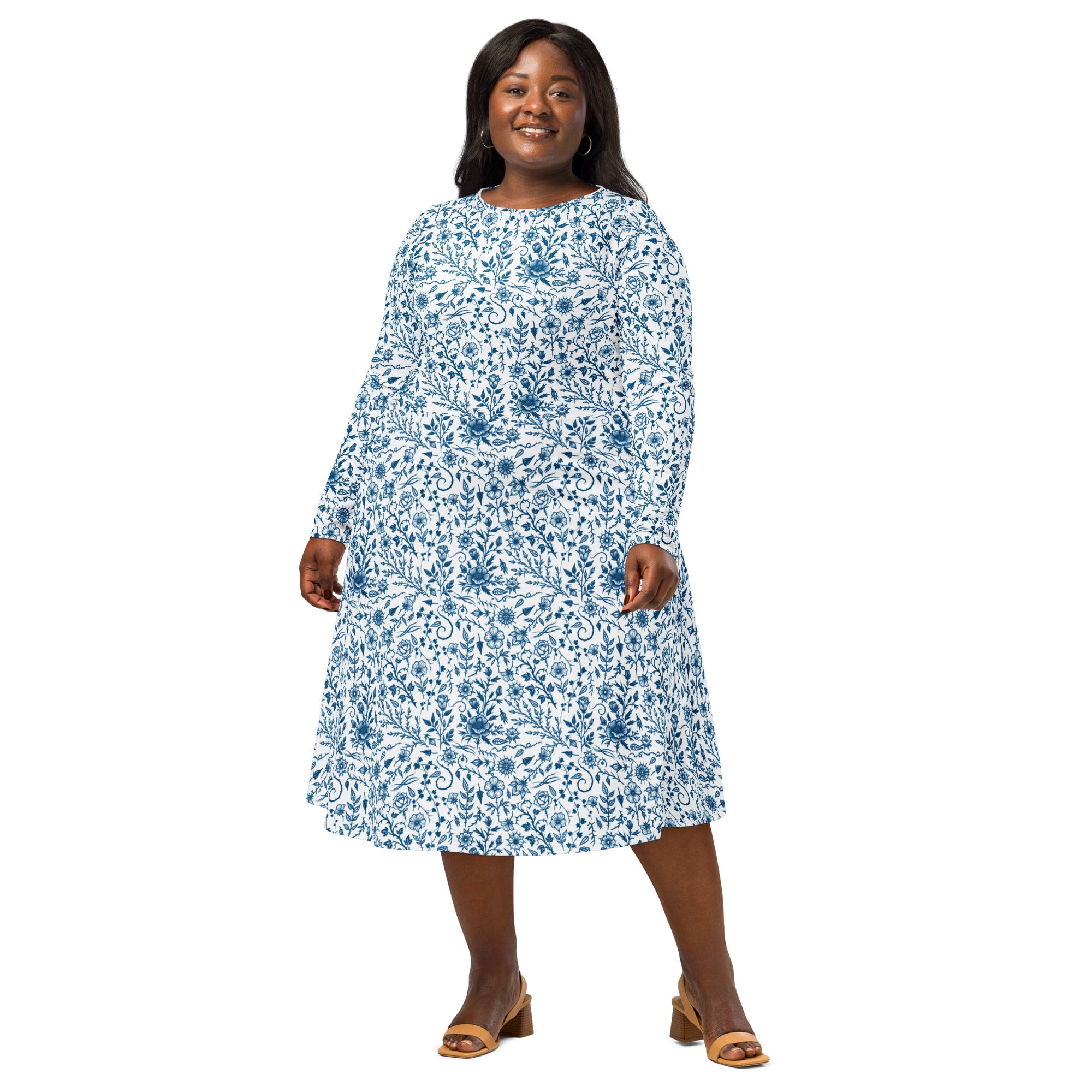 Long Sleeve Pocket Flare Dress - 'Gothic Garden (Bone China Version)'