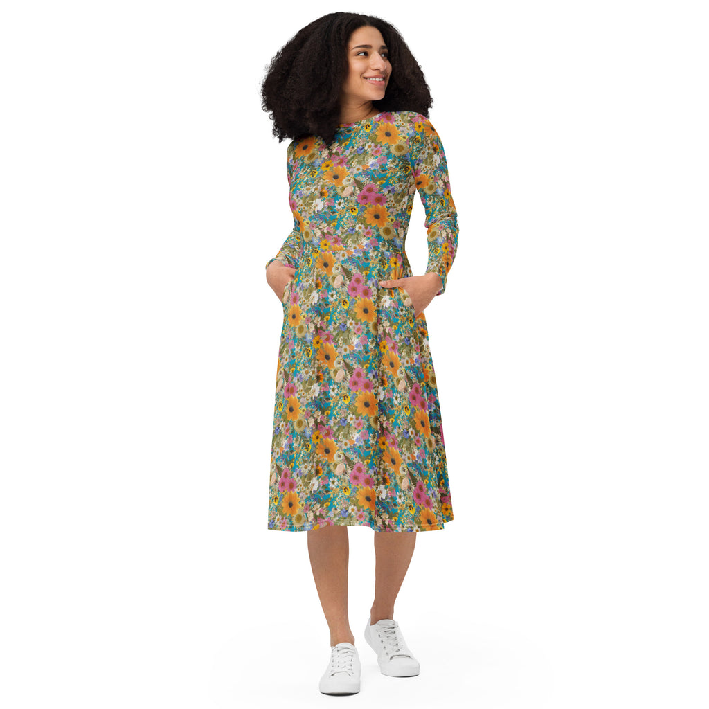 Long Sleeve Pocket Flare Dress - 'Pressed Flowers'