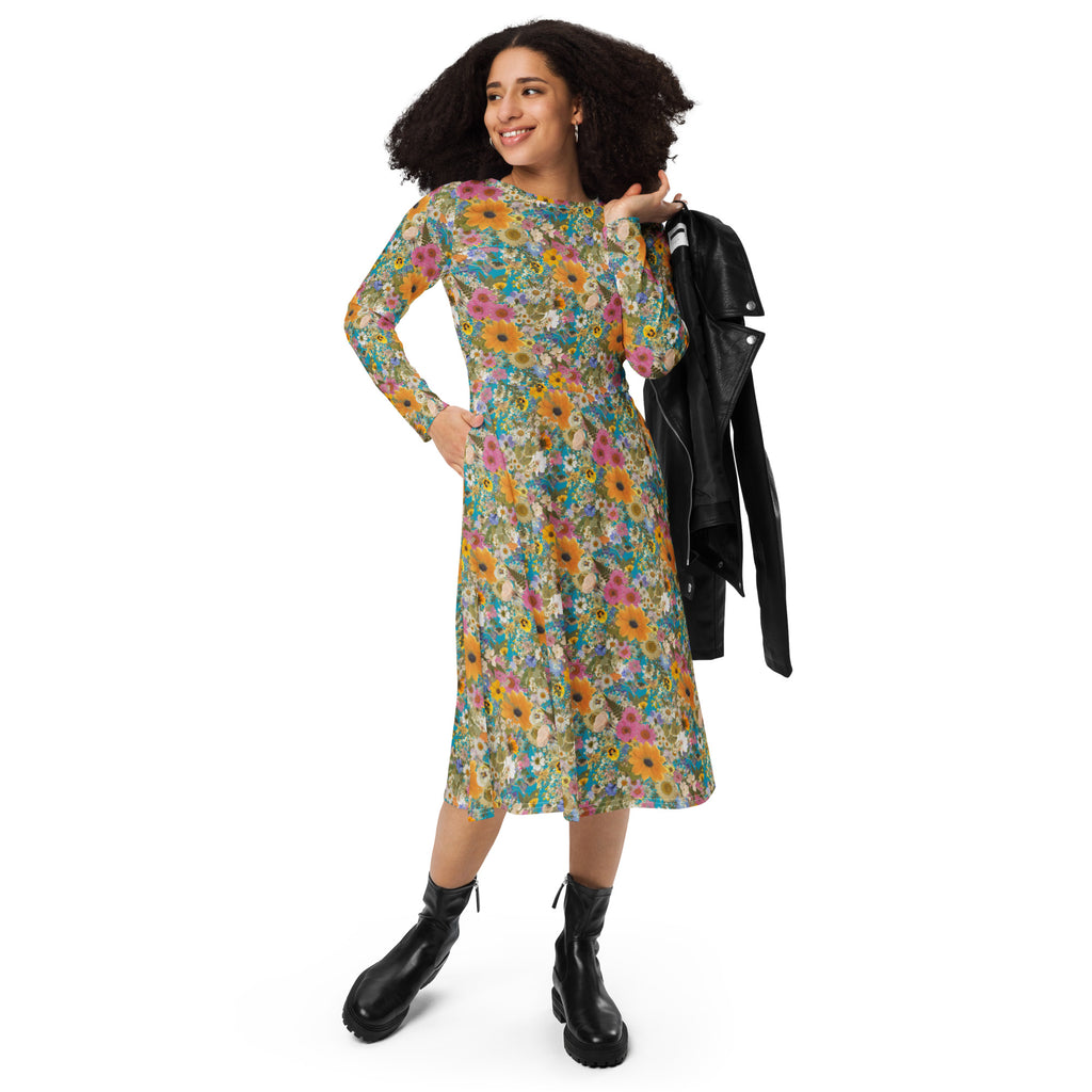 Long Sleeve Pocket Flare Dress - 'Pressed Flowers'