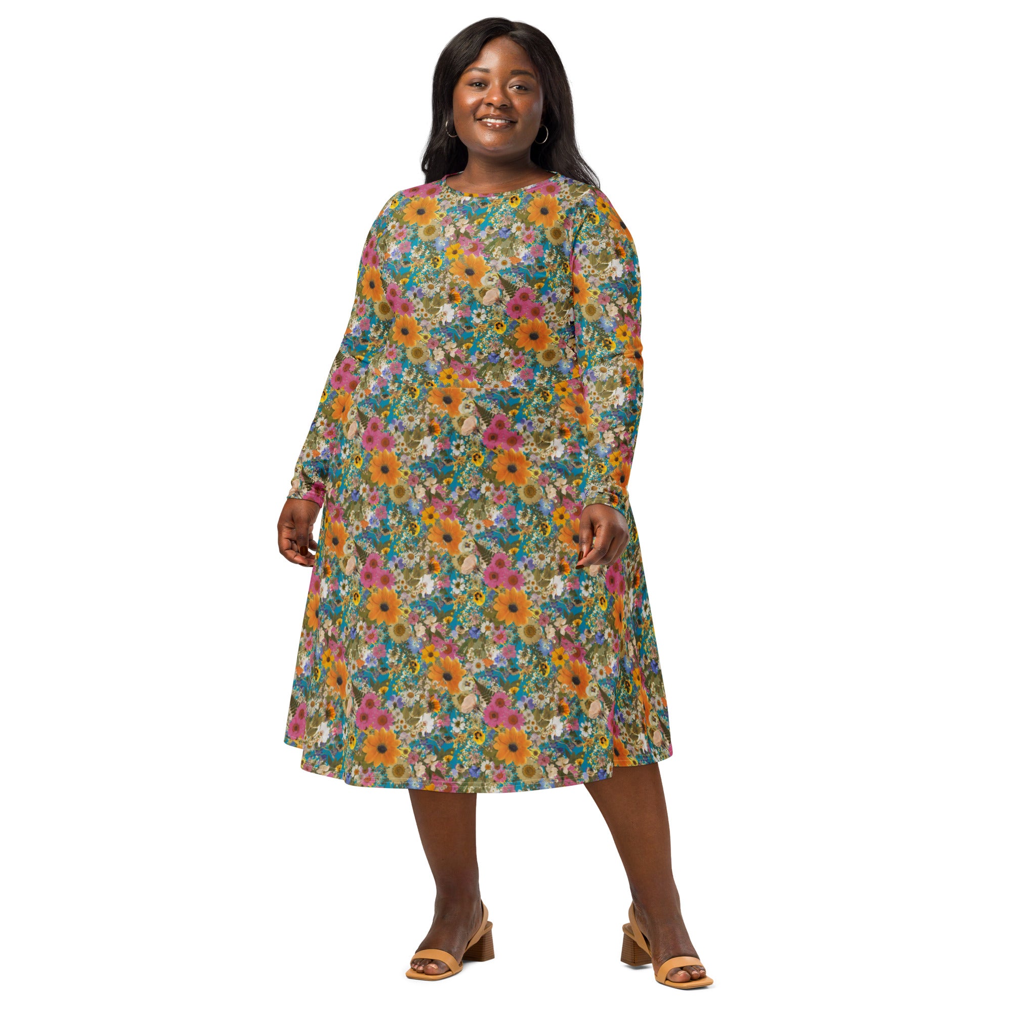 Long Sleeve Pocket Flare Dress - 'Pressed Flowers'