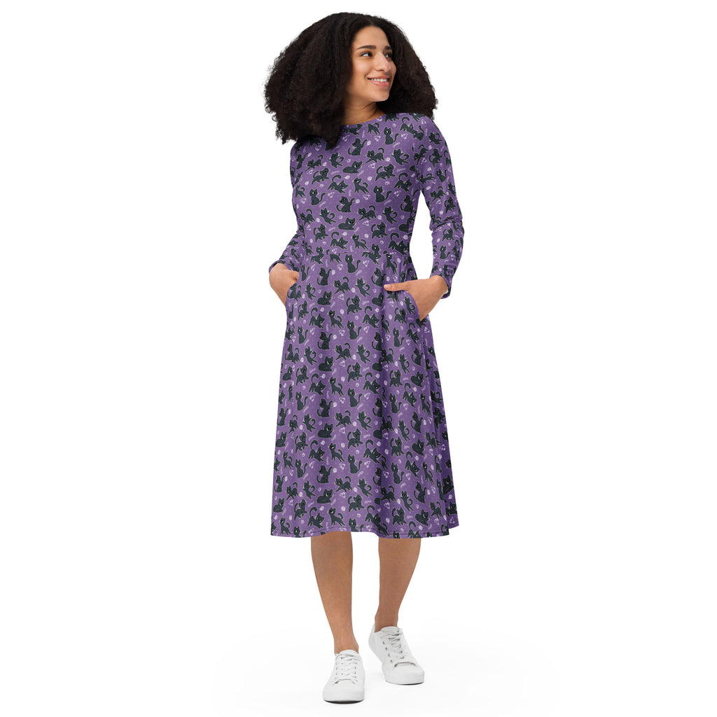 Long Sleeve Pocket Flare Dress - 'Purrple Playtime'