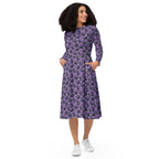 Long Sleeve Pocket Flare Dress - 'Purrple Playtime'