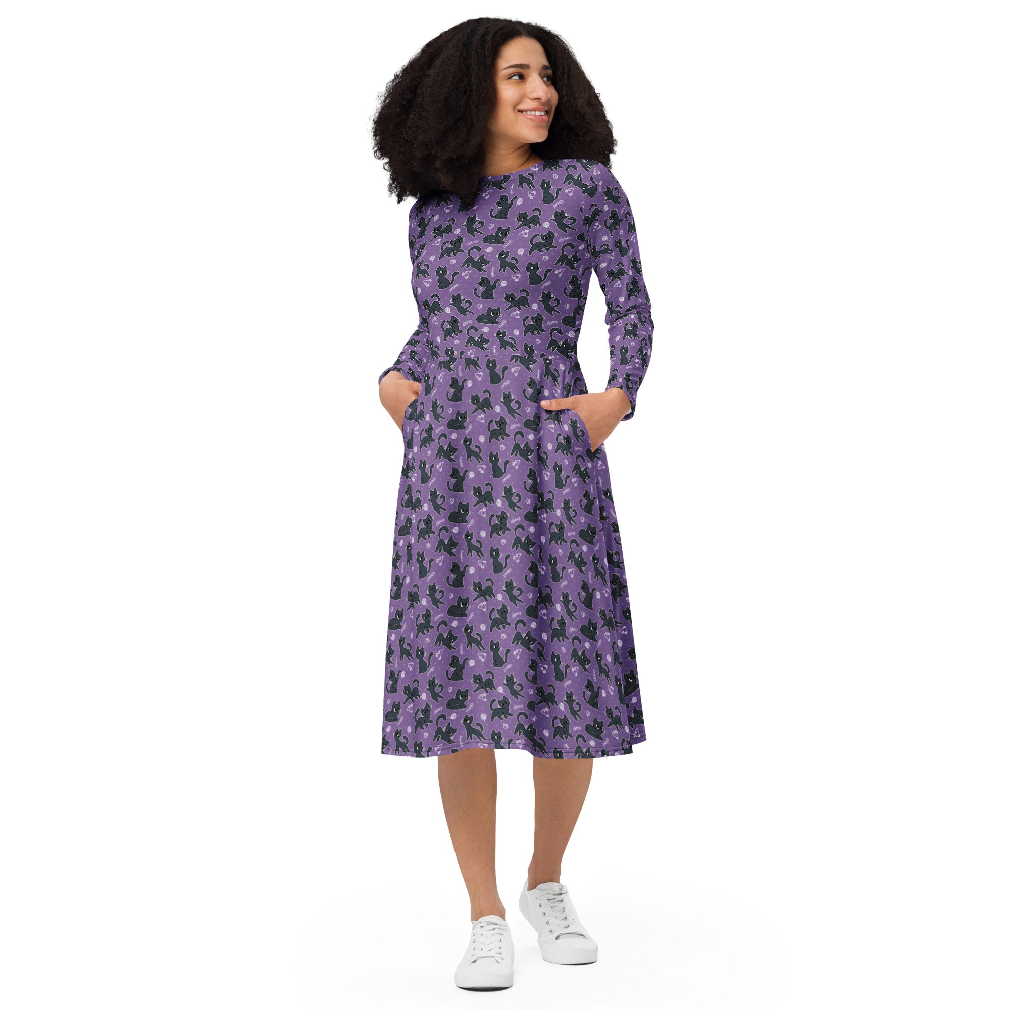 Long Sleeve Pocket Flare Dress - 'Purrple Playtime'
