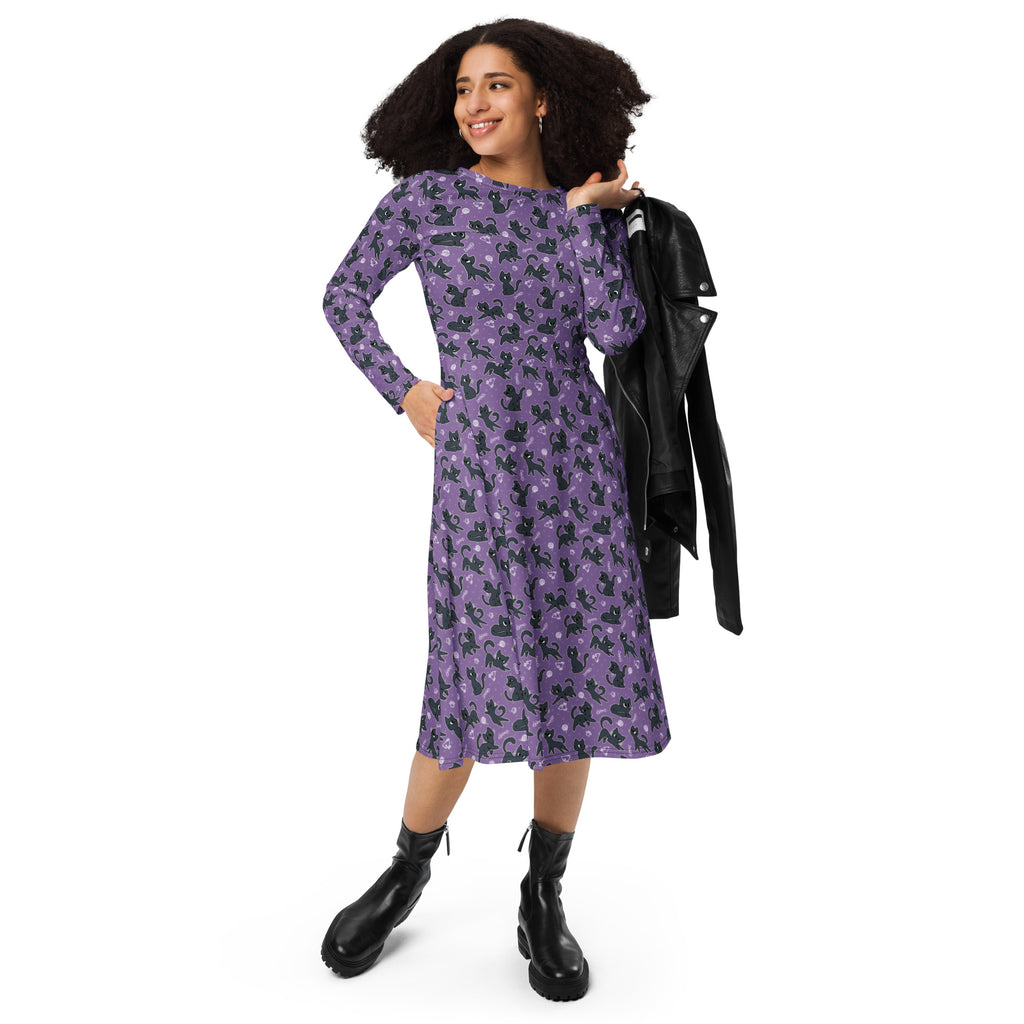 Long Sleeve Pocket Flare Dress - 'Purrple Playtime'