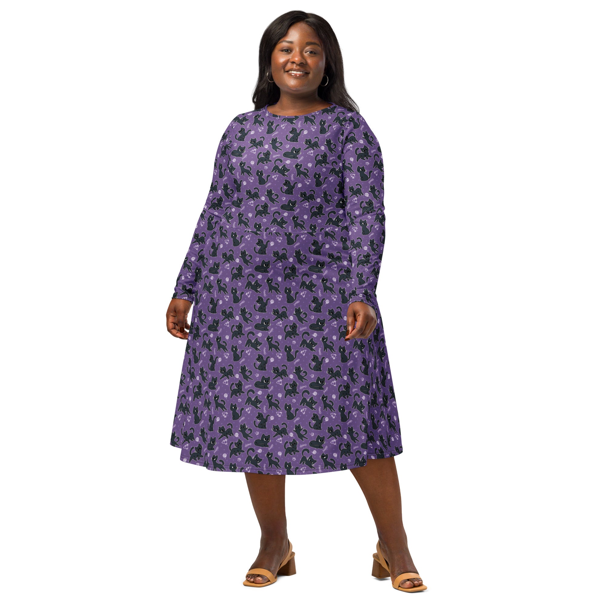 Long Sleeve Pocket Flare Dress - 'Purrple Playtime'