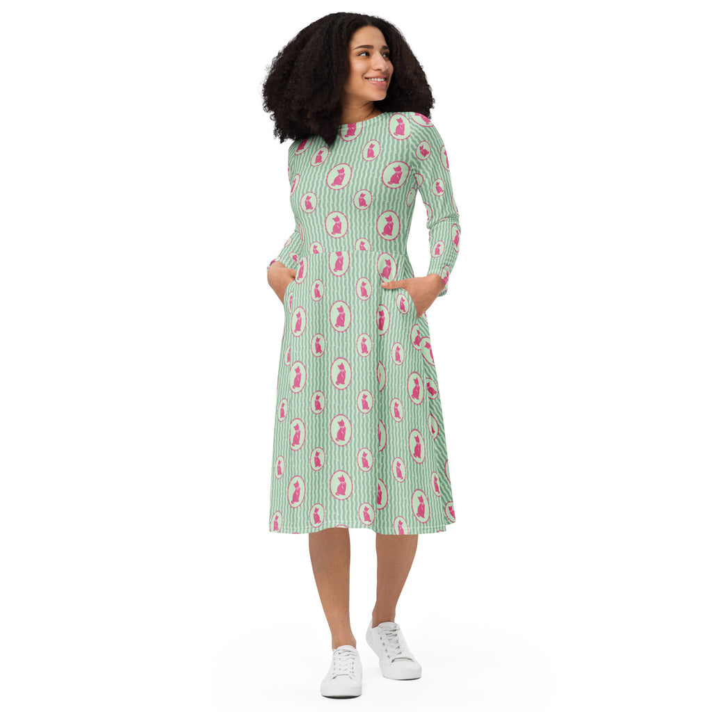 Long Sleeve Pocket Flare Dress - 'Fancy Feline'