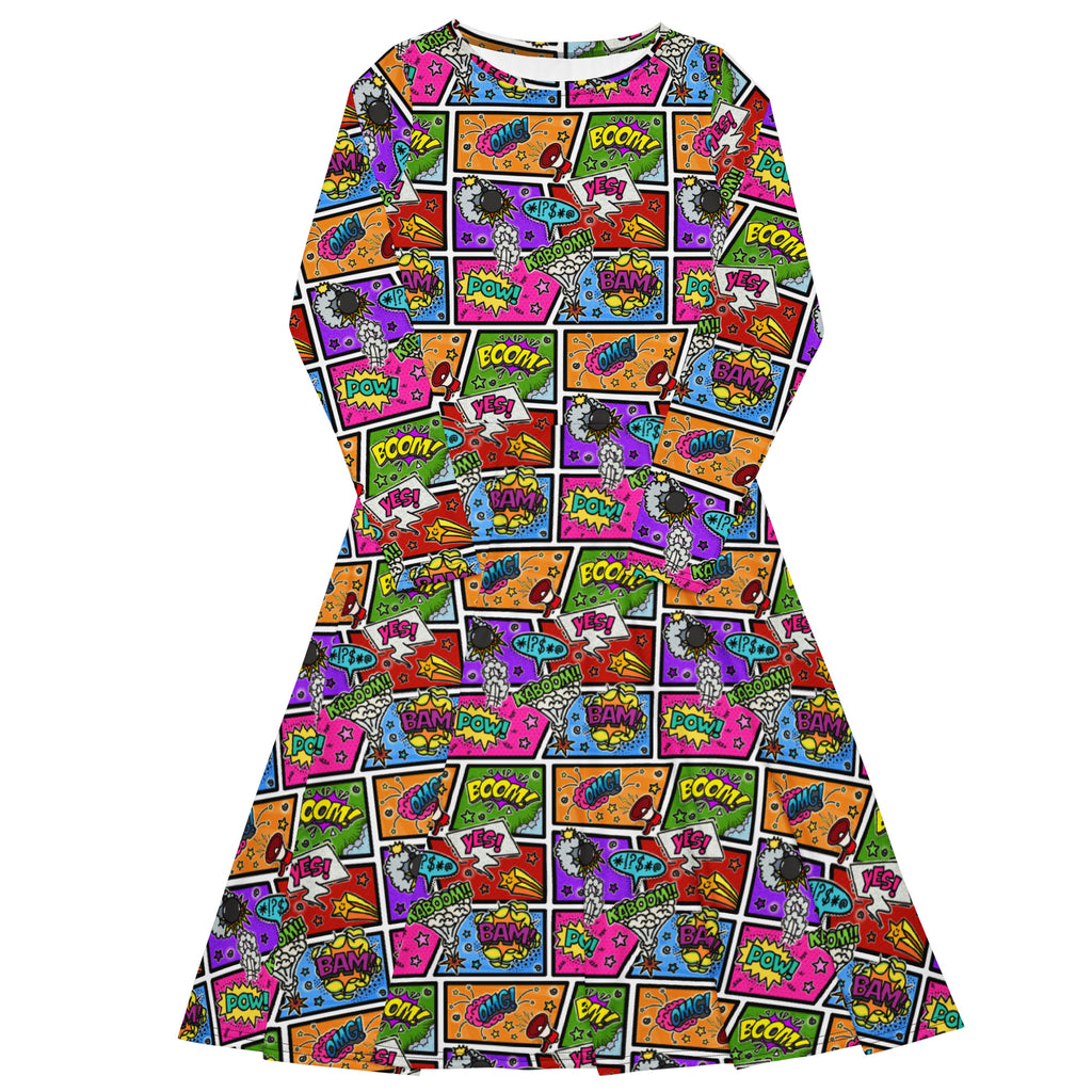 Long Sleeve Pocket Flare Dress - 'Comic Chaos' 6XL