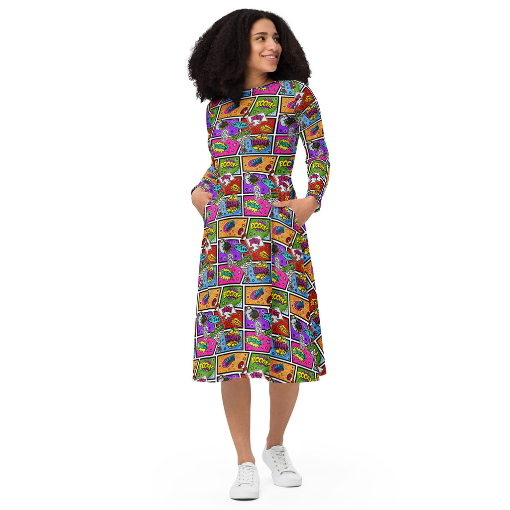 Long Sleeve Pocket Flare Dress - 'Comic Chaos'