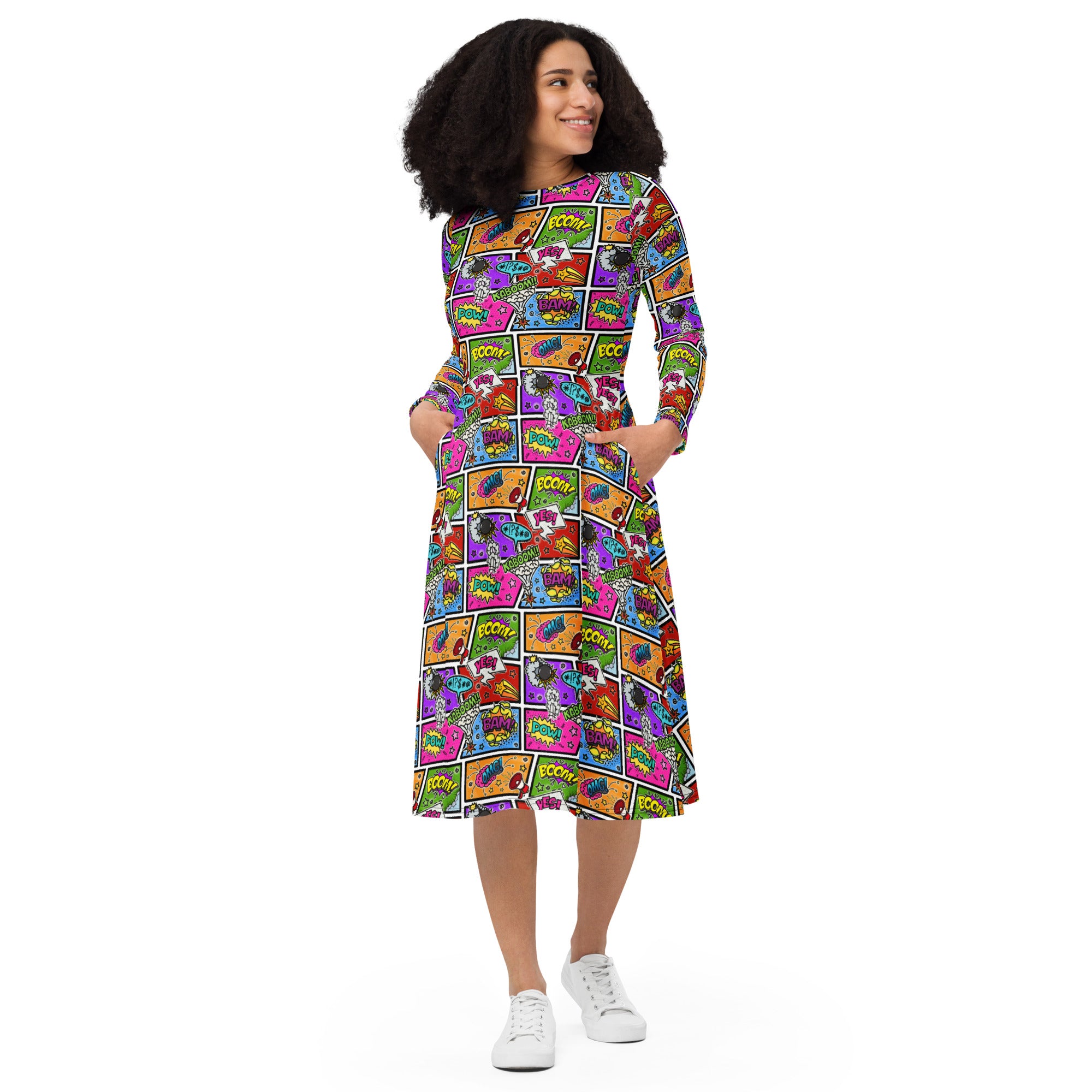 Long Sleeve Pocket Flare Dress - 'Comic Chaos'