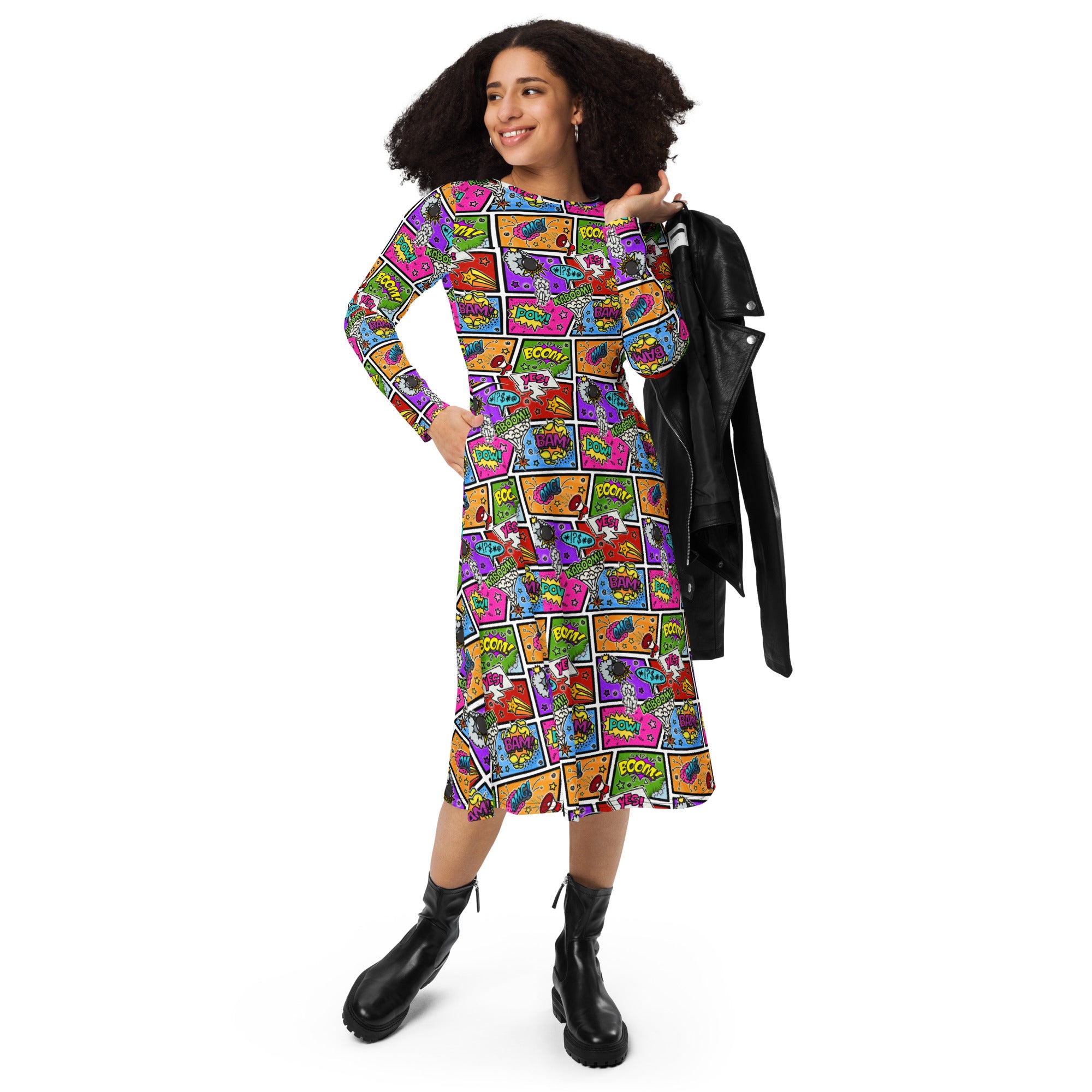 Long Sleeve Pocket Flare Dress - 'Comic Chaos'